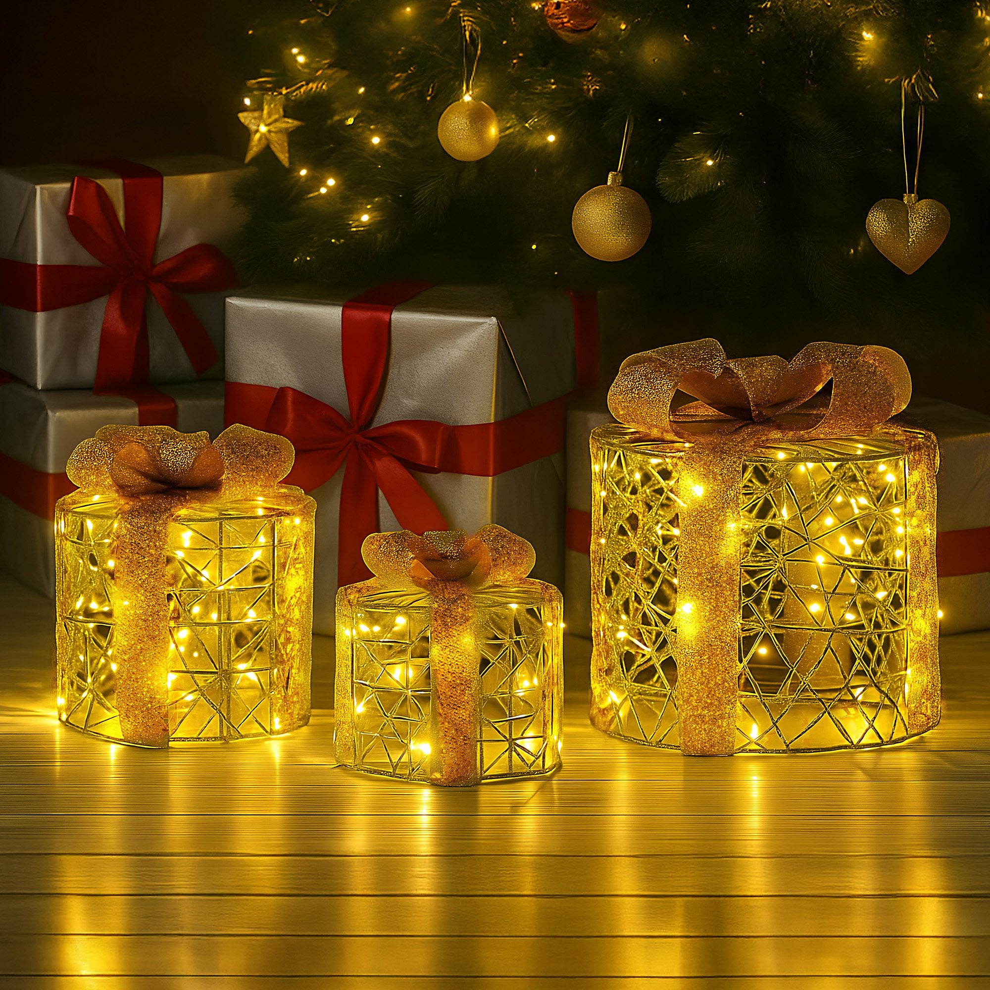 Set of 3 LED Christmas Gift Box Decorations with Gold Bows