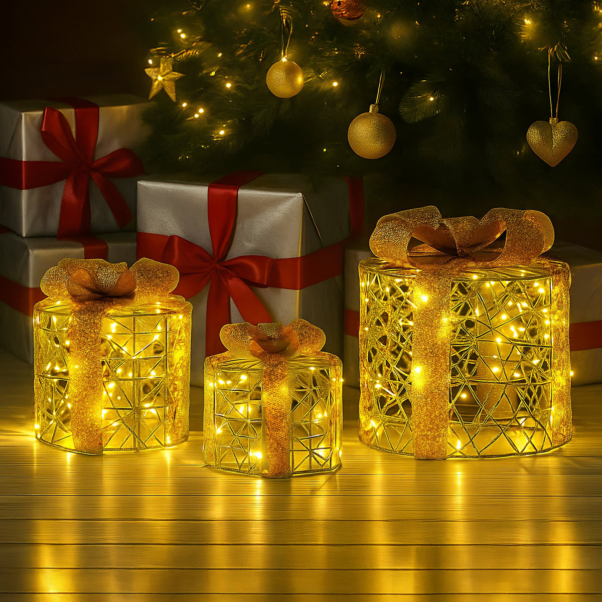 Set of 3 LED Christmas Gift Box Decorations with Gold Bows