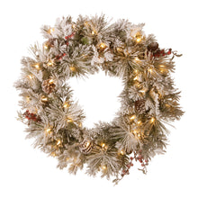 61CM Pre-Lit Snowy Christmas Wreath – 50 Warm White LED Lights, Pine Cones & Berries