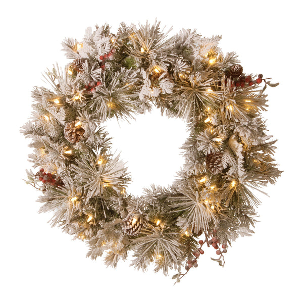 61CM Pre-Lit Snowy Christmas Wreath – 50 Warm White LED Lights, Pine Cones & Berries