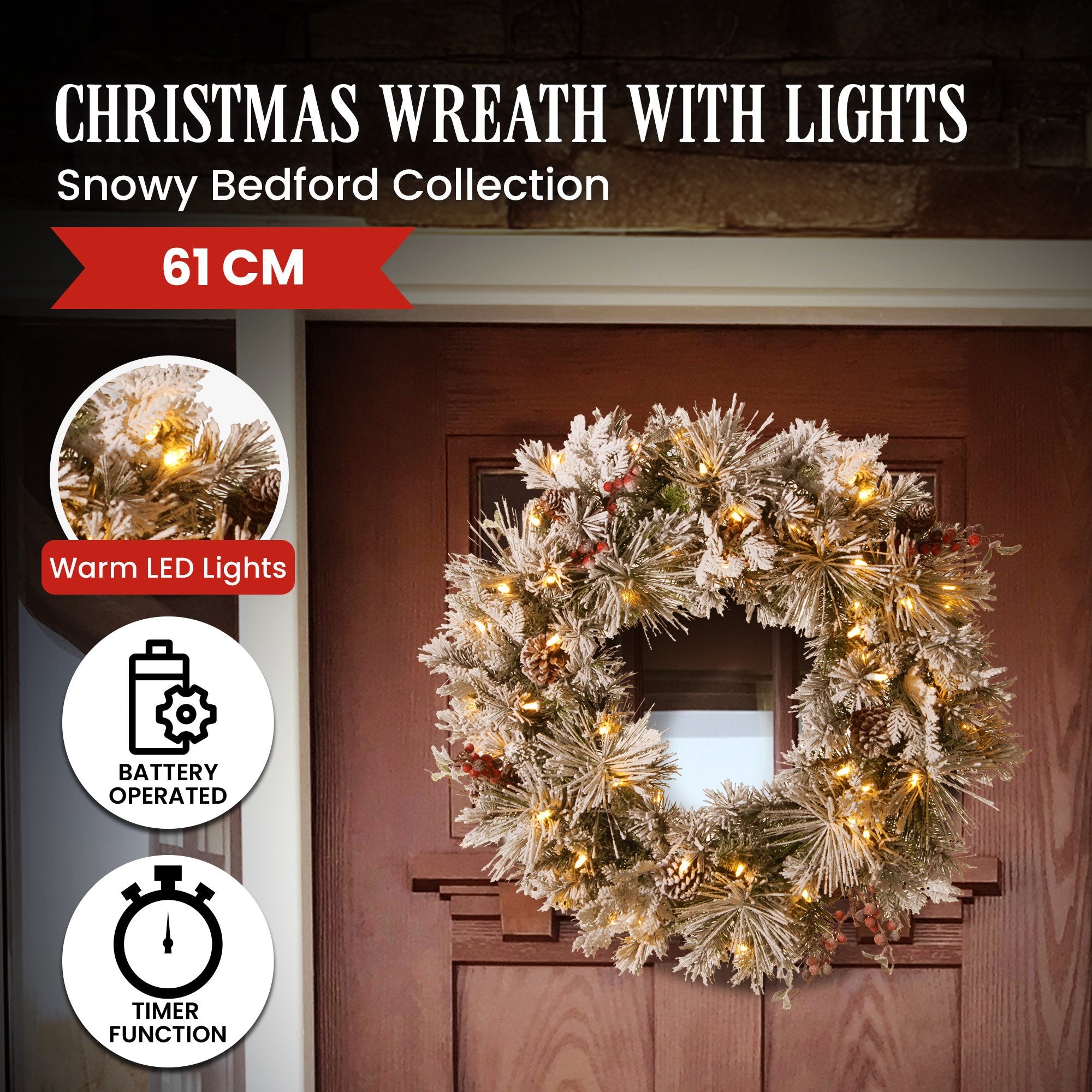 61CM Snow-Frosted Christmas Wreath with 50 LED Lights
