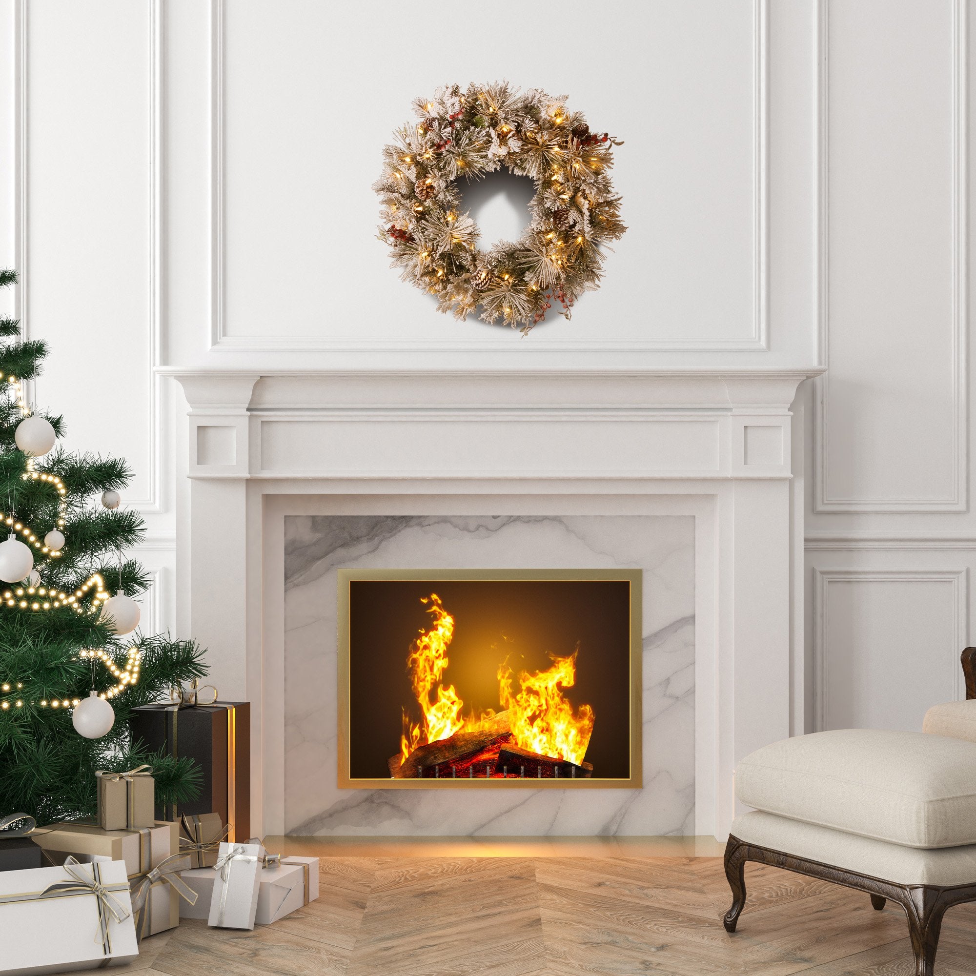 61CM Snow-Frosted Christmas Wreath with 50 LED Lights