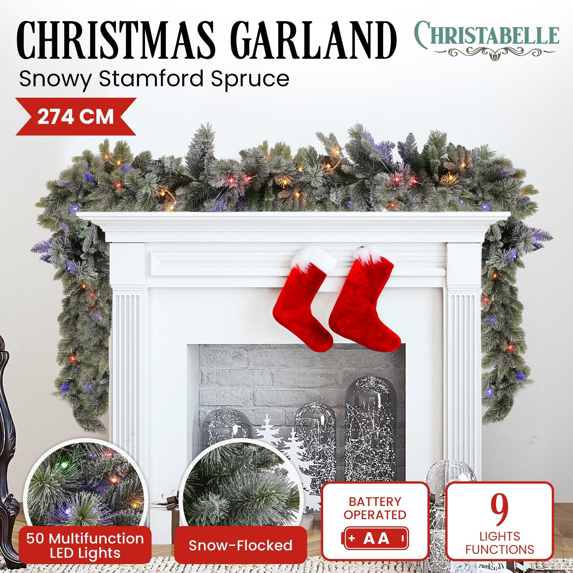2.7M Pre-Lit Snowy Stamford Spruce Christmas Garland with 50 LEDs