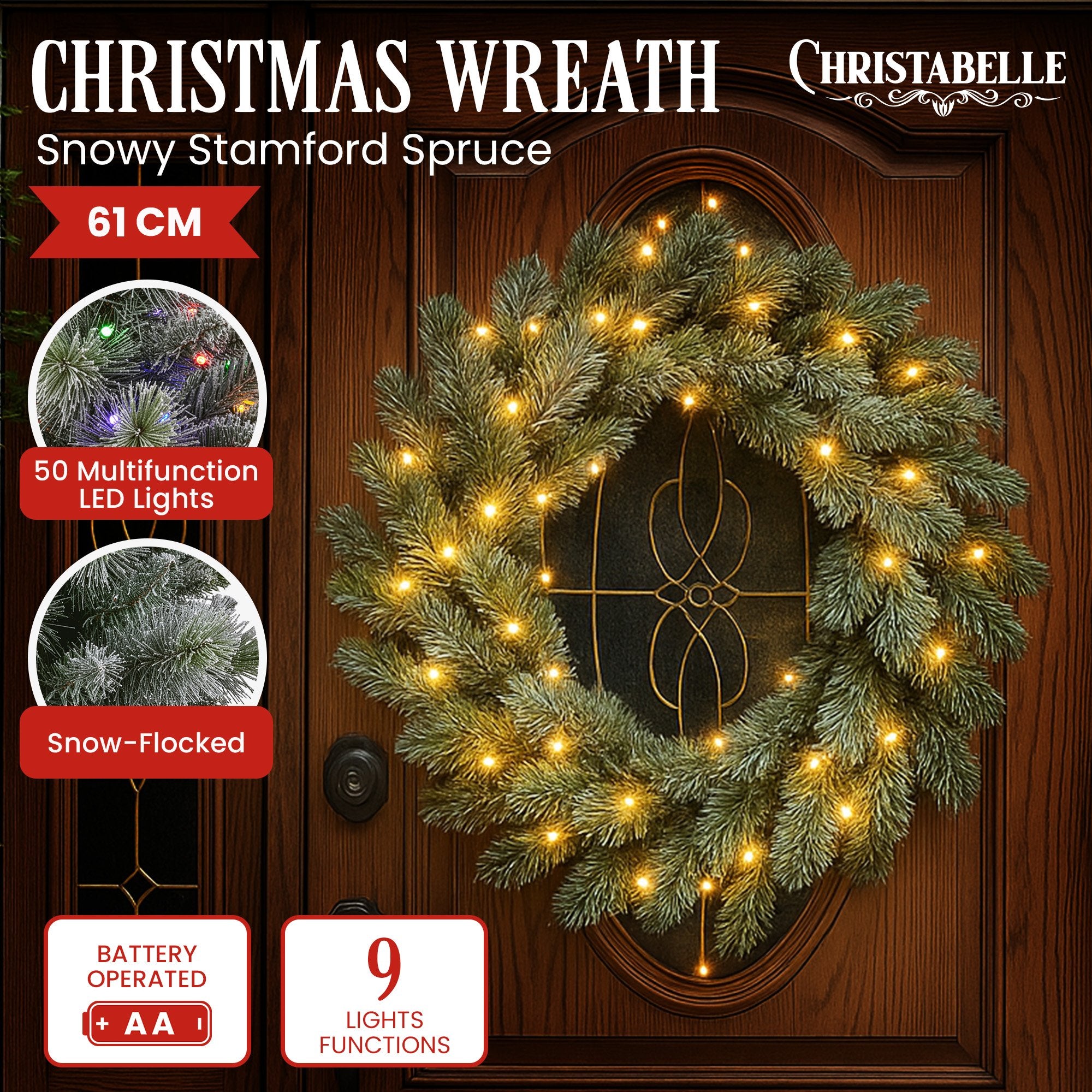 61CM Snow-Flocked Christmas Wreath with 50 LED Lights