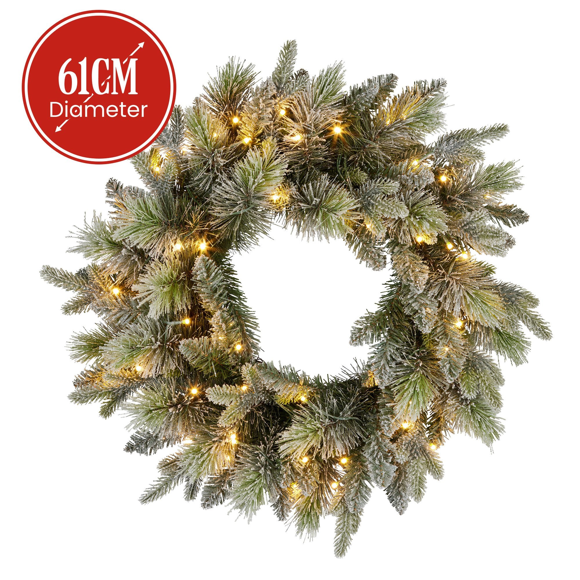 61cm Pre-Lit Snowy Christmas Wreath – 160 Tips, 50 LED Multi Function
