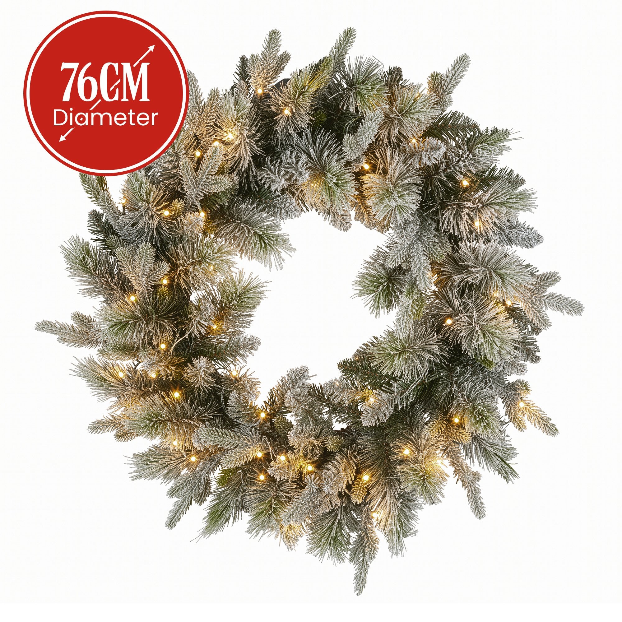 76cm Pre-Lit Snowy Christmas Wreath – 238 Tips, 50 LED Multi Function