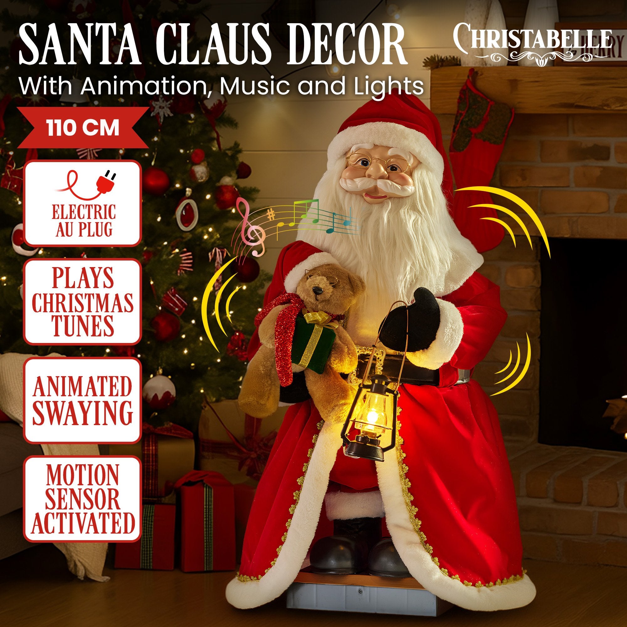 110CM Animated Musical Santa with LED Lantern & Motion Sensor