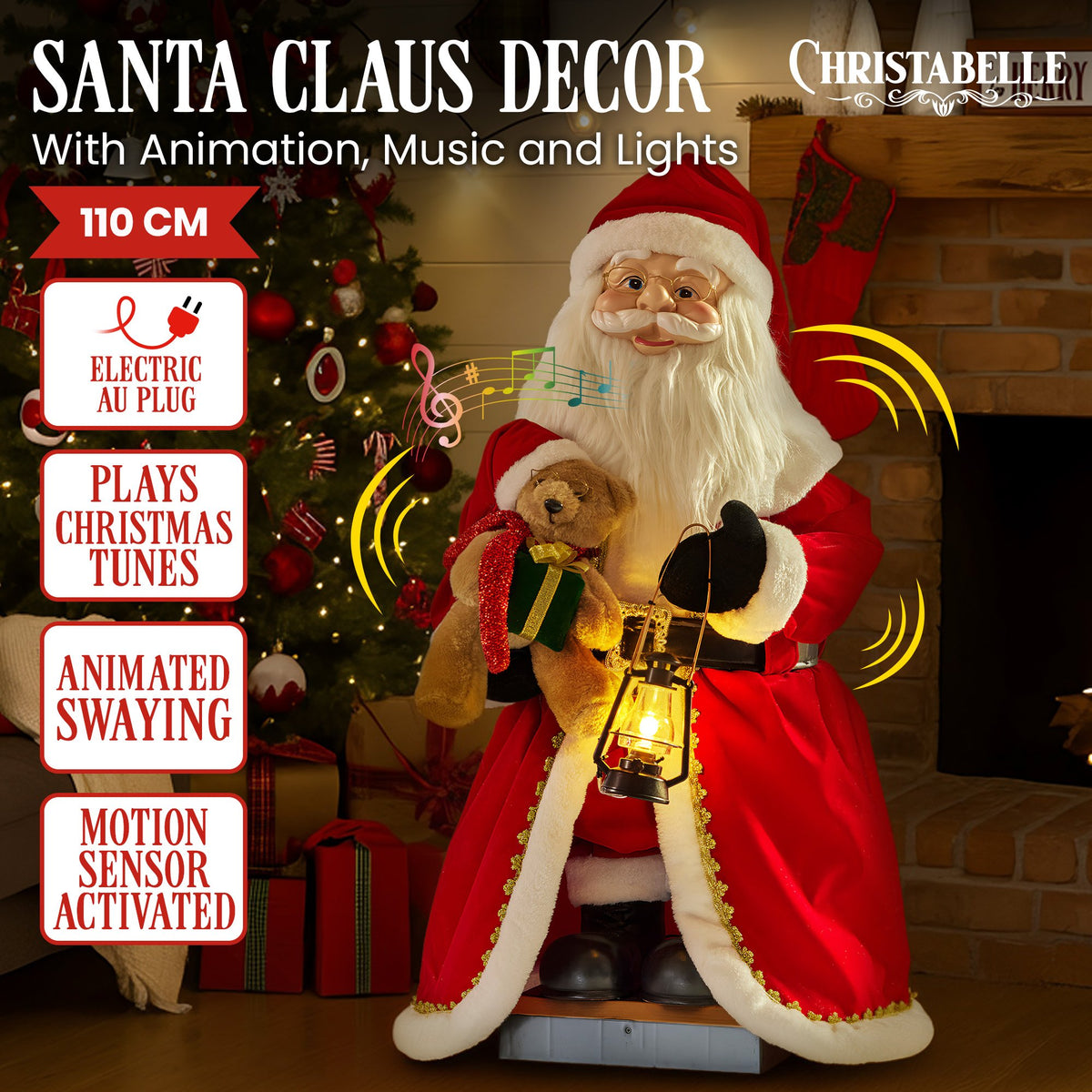 110CM Animated Musical Santa with LED Lantern & Motion Sensor