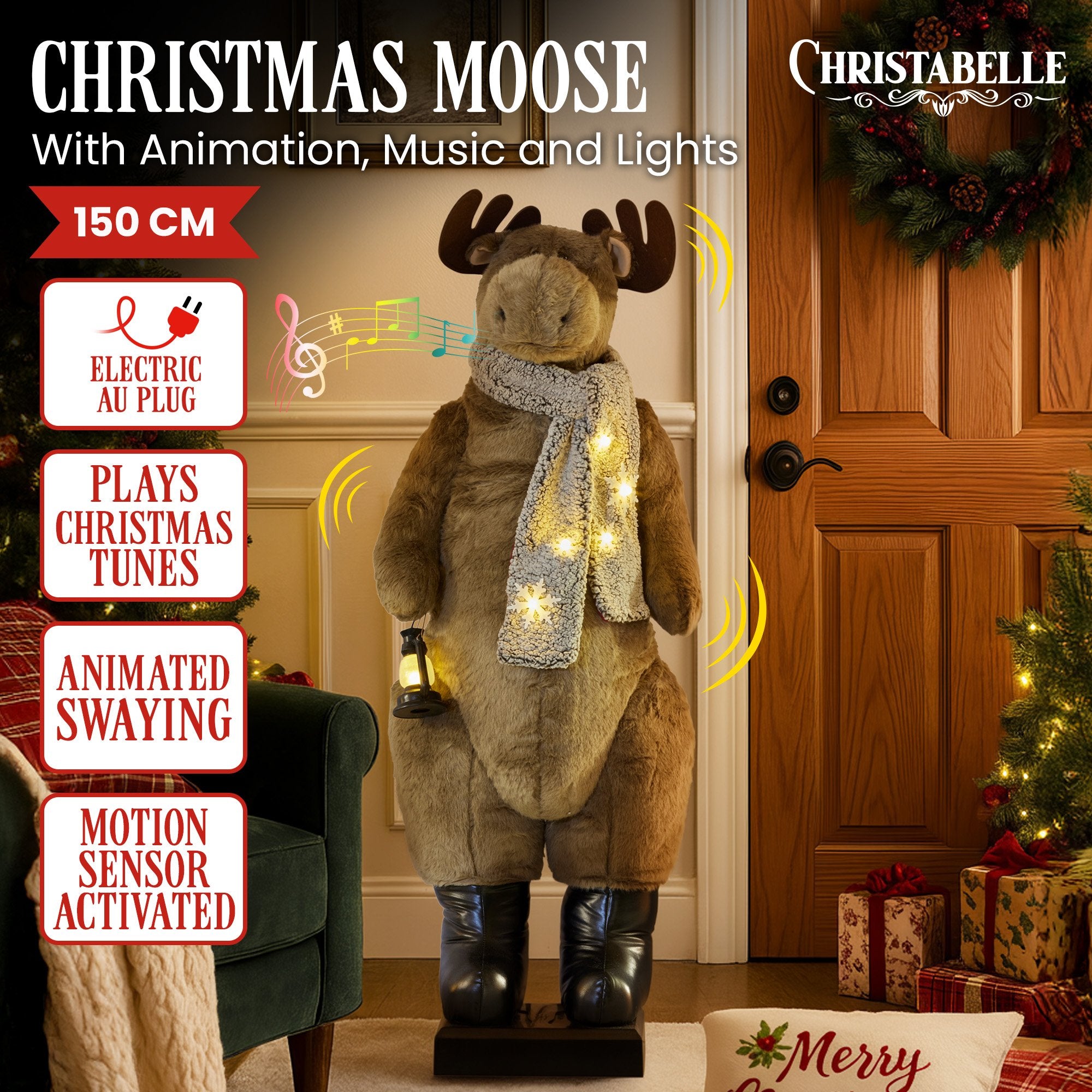 150CM Animated Musical Christmas Moose with LED Lantern & Motion Sensor