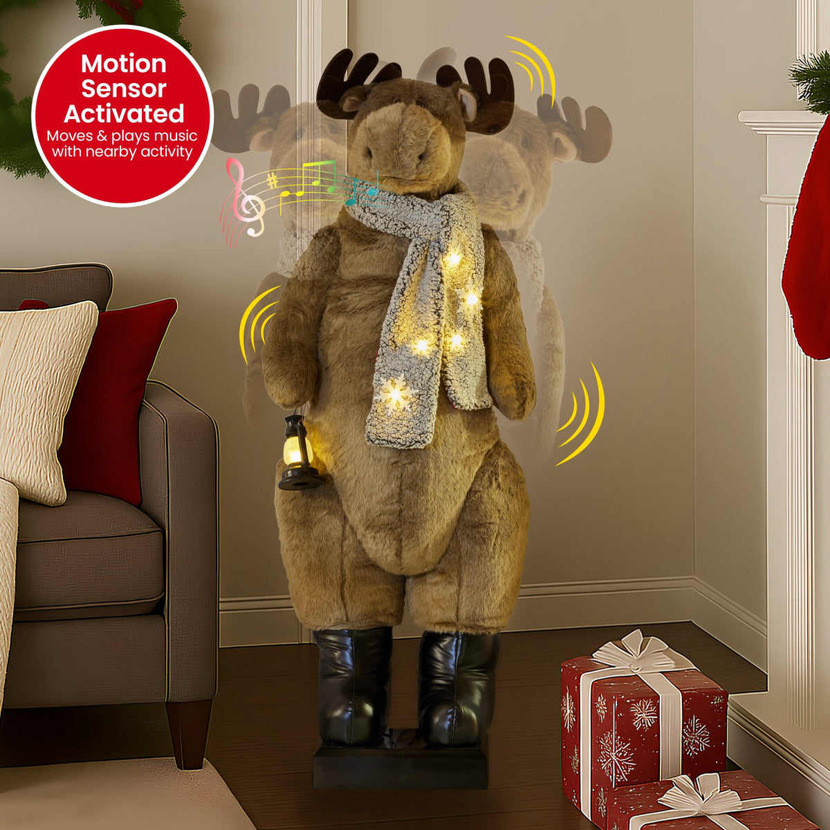 150CM Animated Musical Christmas Moose with LED Lantern & Motion Sensor