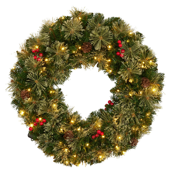 61CM Pre-Lit Christmas Wreath – 240 Tips, 60 LED Lights, Berries & Pine Cones