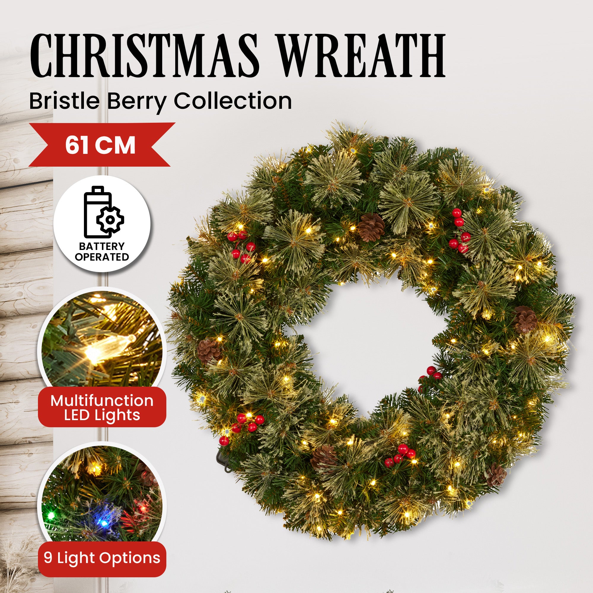 61CM Bristle Berry Christmas Wreath with 60 LED Lights