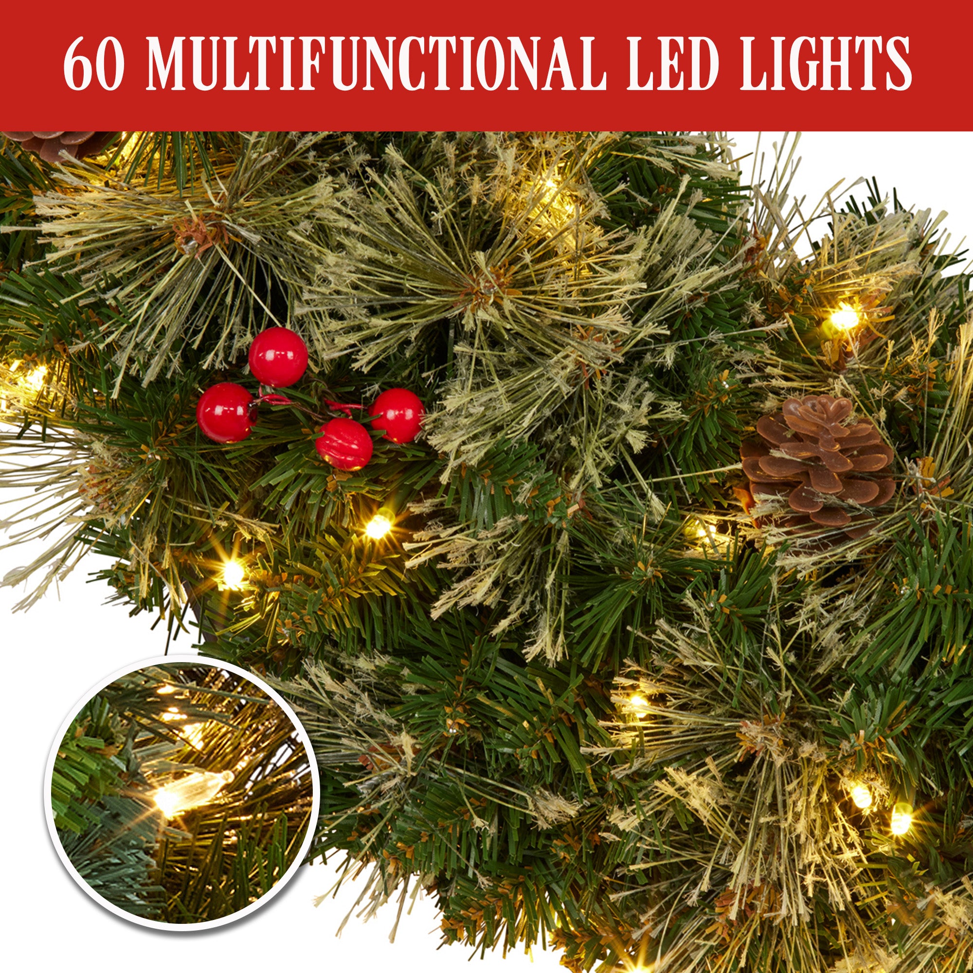 61CM Bristle Berry Christmas Wreath with 60 LED Lights