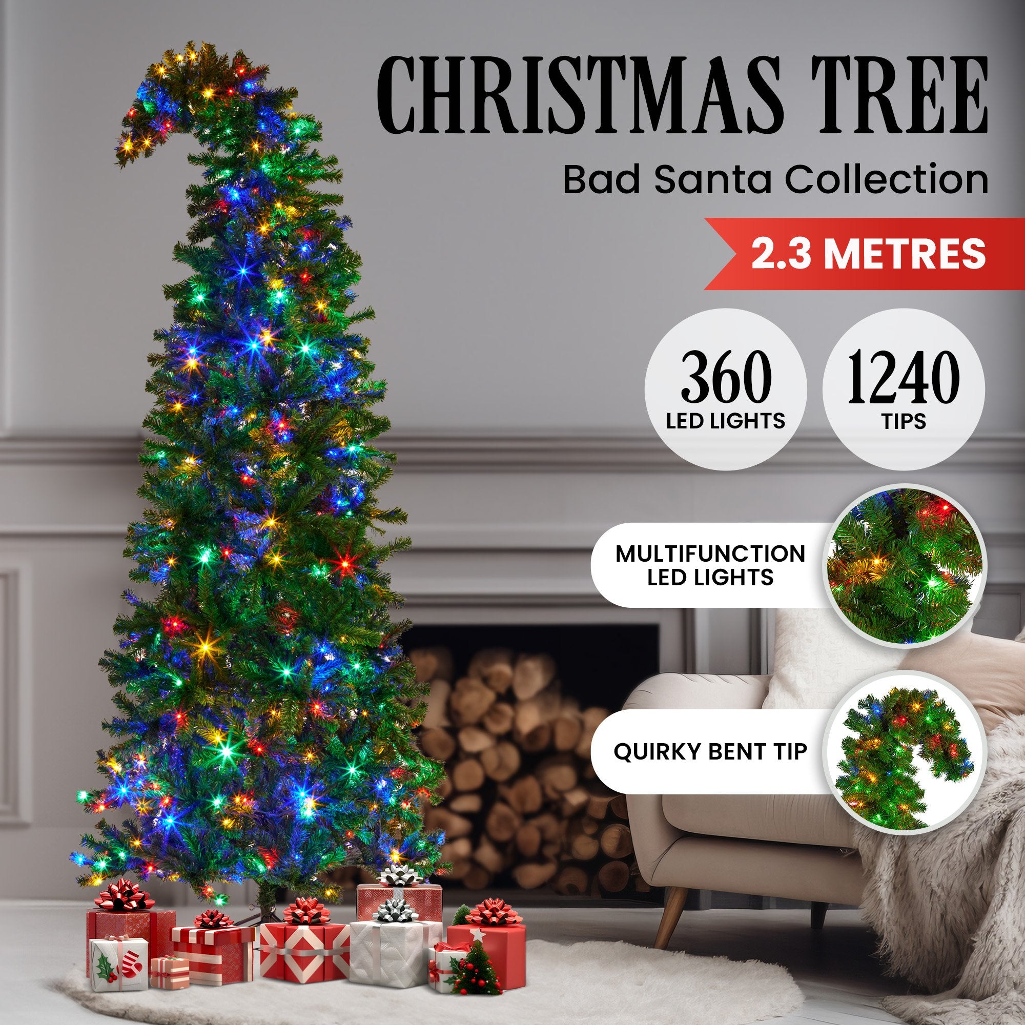 7.5FT Bad Santa Curved Pre-Lit Christmas Tree – 360 Multi-Colour LEDs