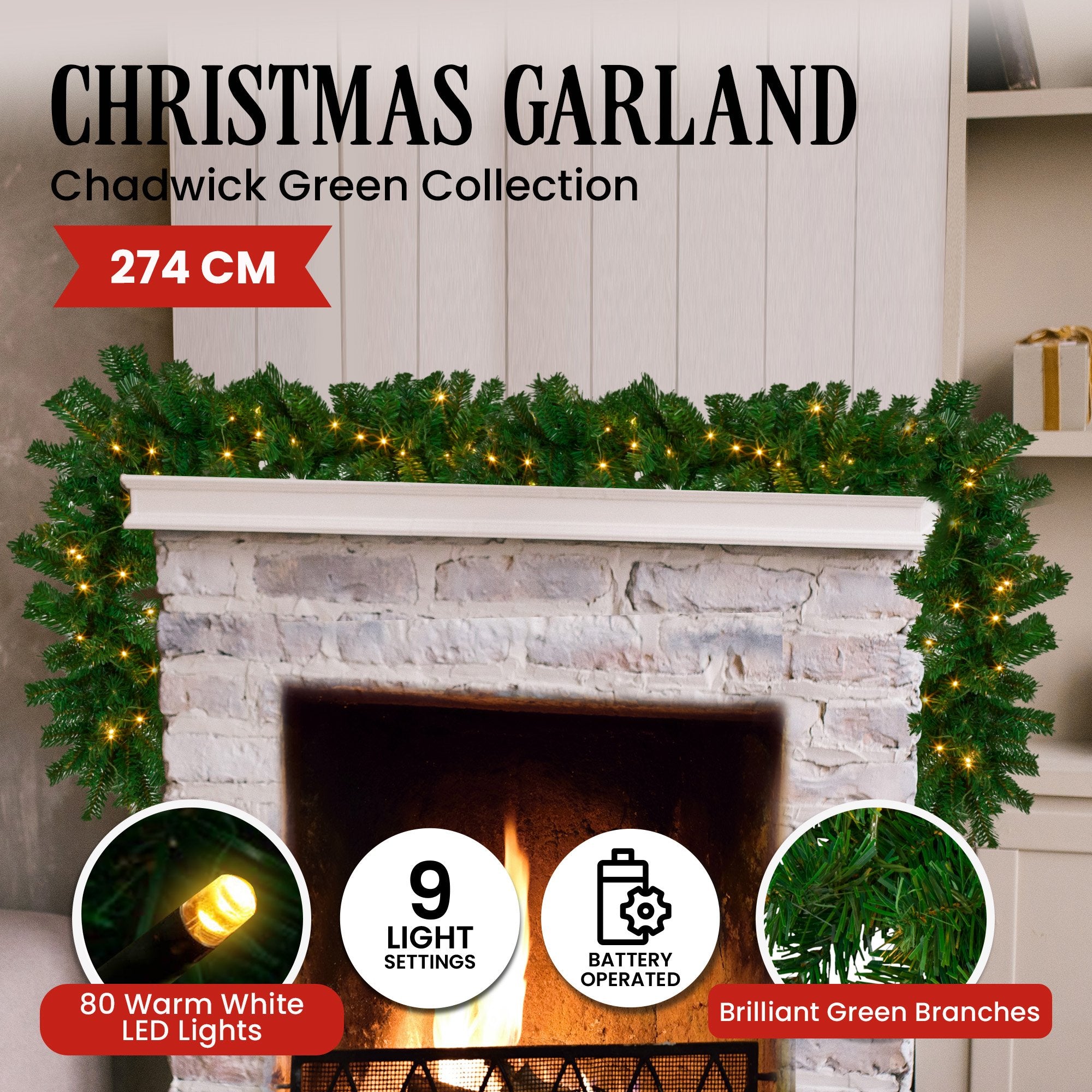 2.7M Pre-Lit Chadwick Christmas Garland with 80 Warm White LEDs