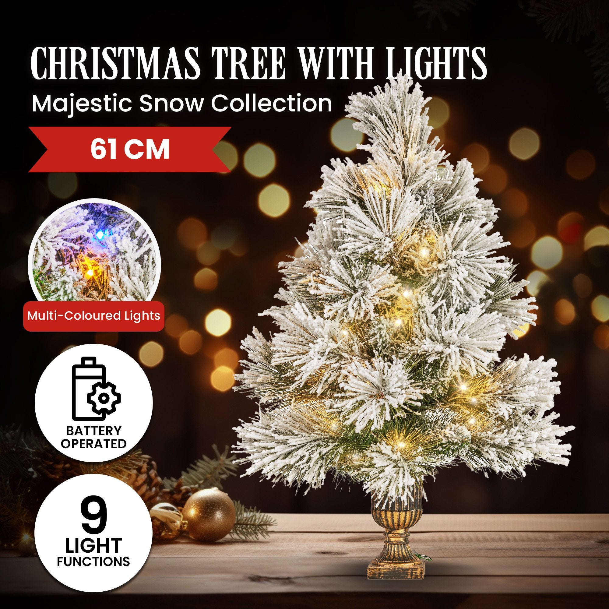 61CM Snow Tabletop Christmas Tree – 50 Tips, 25 Multicolour LED Lights