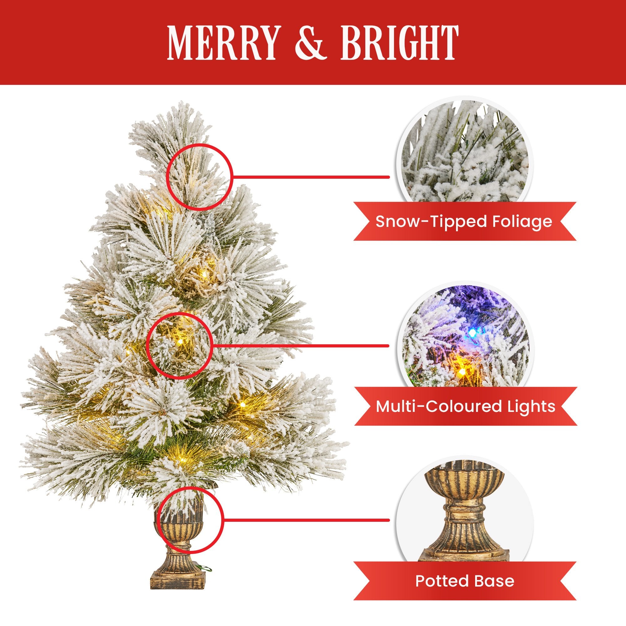 61CM Snow Tabletop Christmas Tree – 50 Tips, 25 Multicolour LED Lights