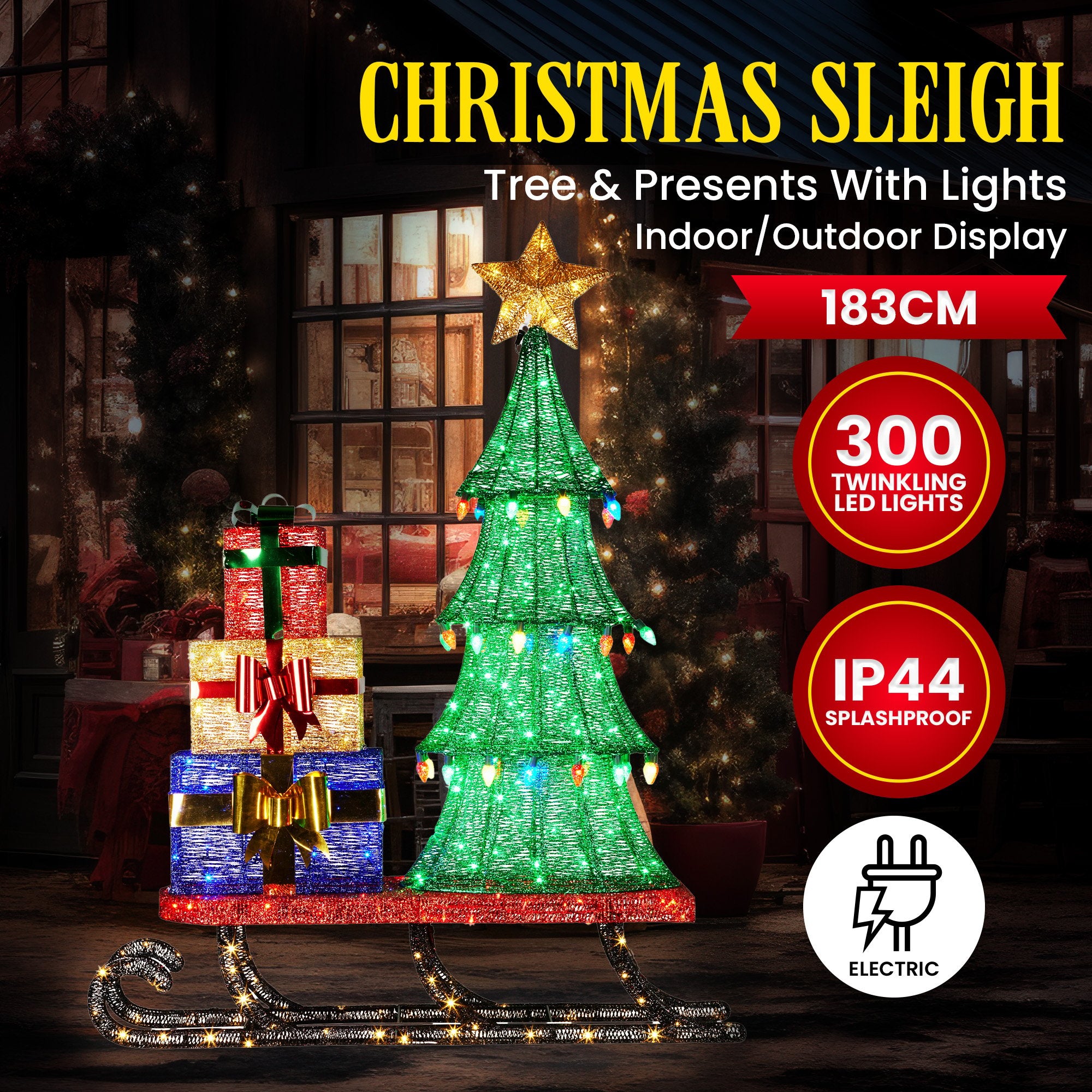 183CM Pre-Lit Christmas Sled Display with Tree & Presents