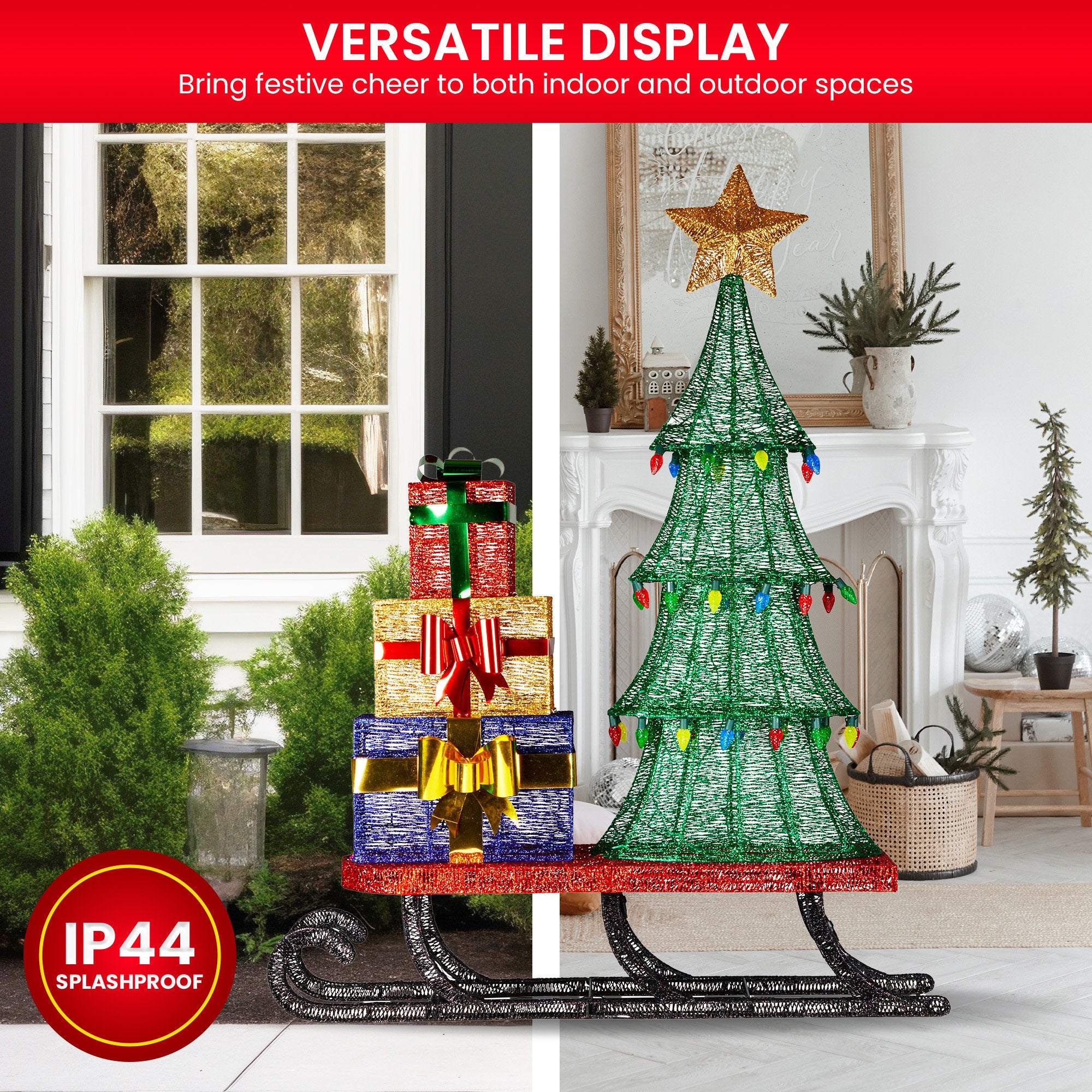 183CM Pre-Lit Christmas Sled Display with Tree & Presents