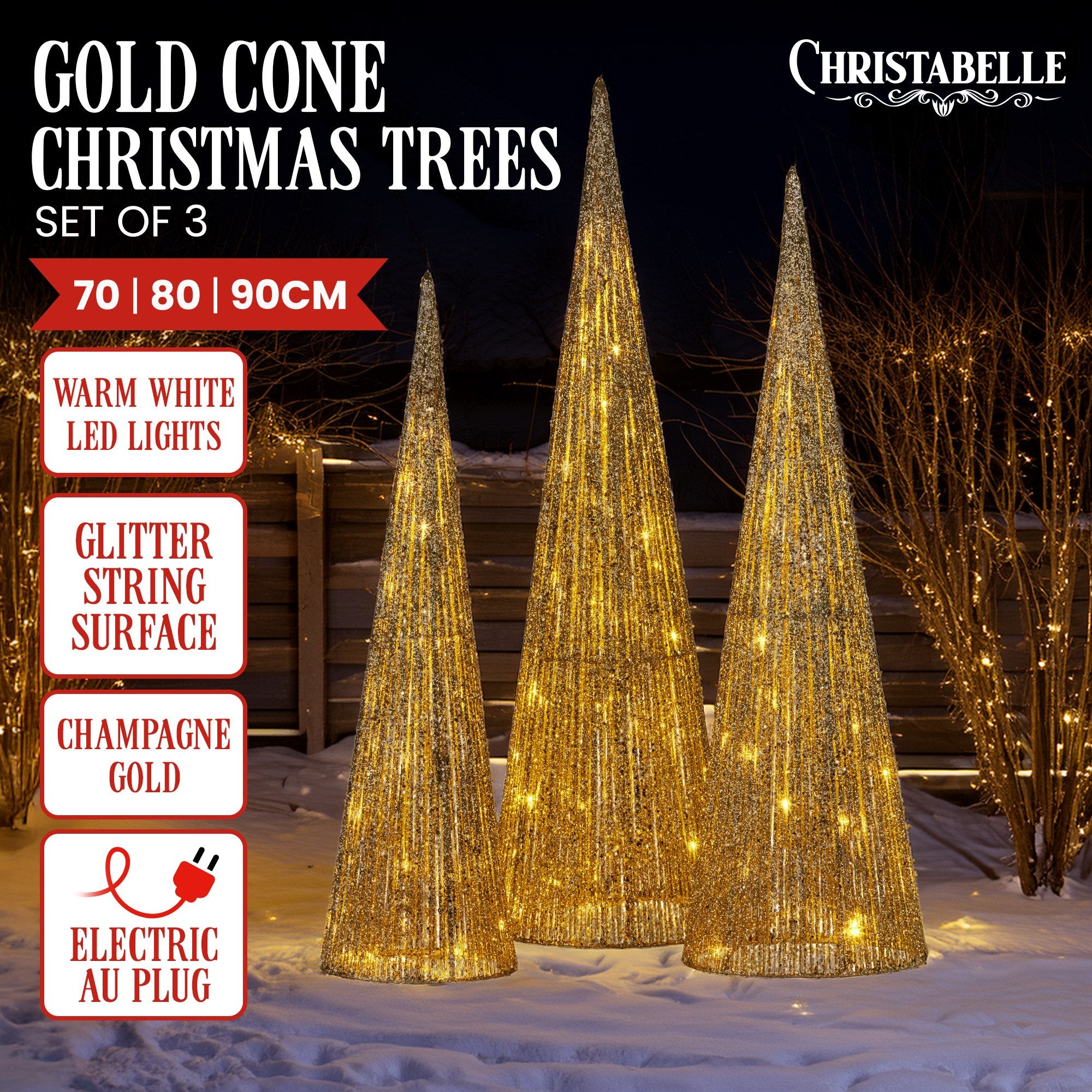 90CM Gold Cone Christmas Tree Set with 100 LED Lights