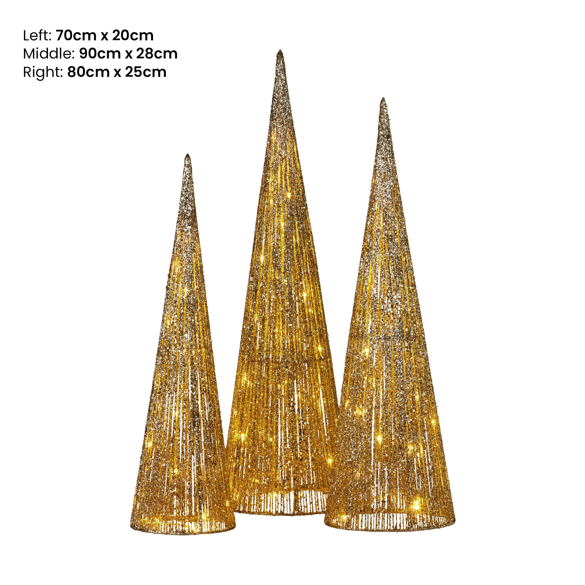 3 Piece LED Cone Christmas Tree Set – 90cm 80cm 70cm Warm White