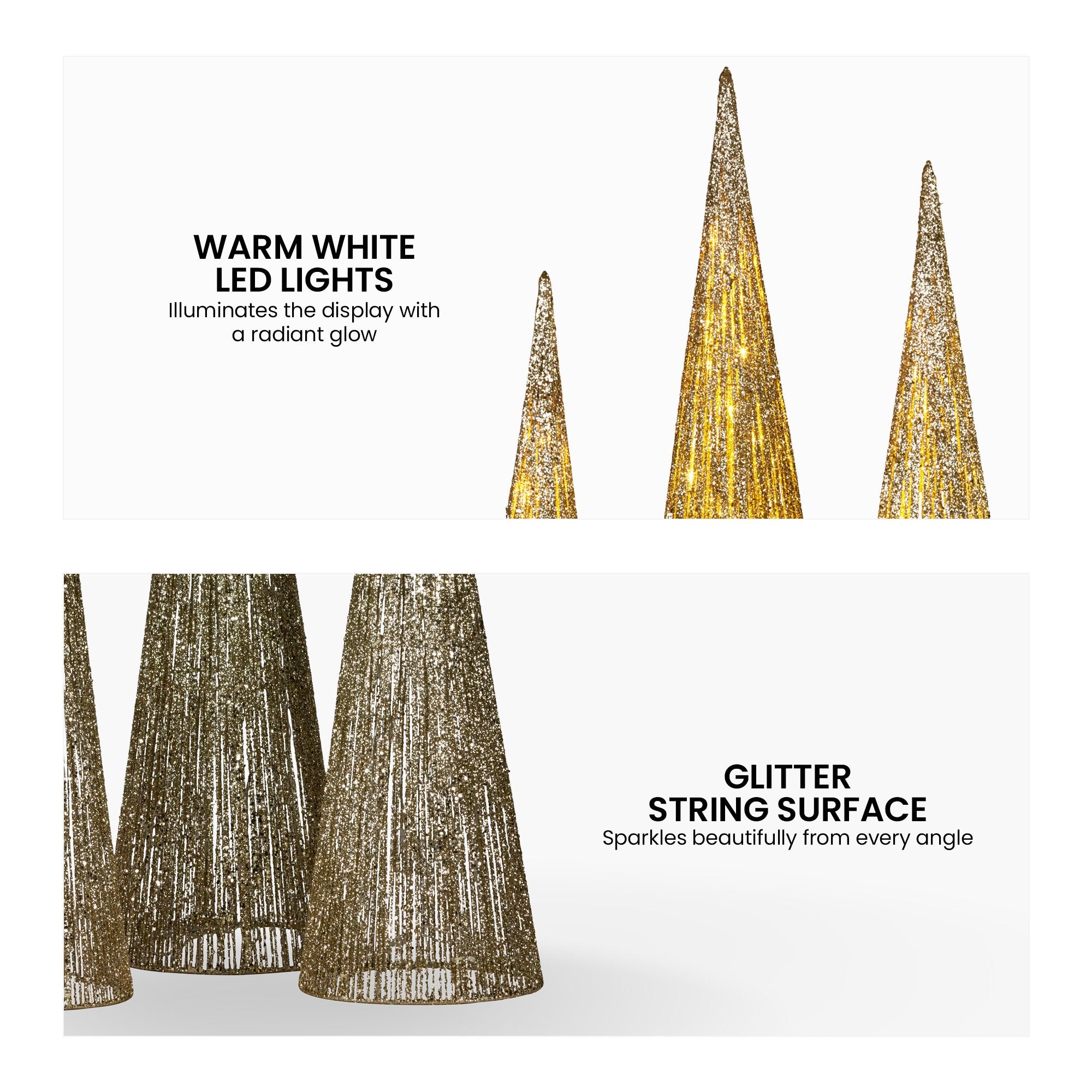 3 Piece LED Cone Christmas Tree Set – 90cm 80cm 70cm Warm White