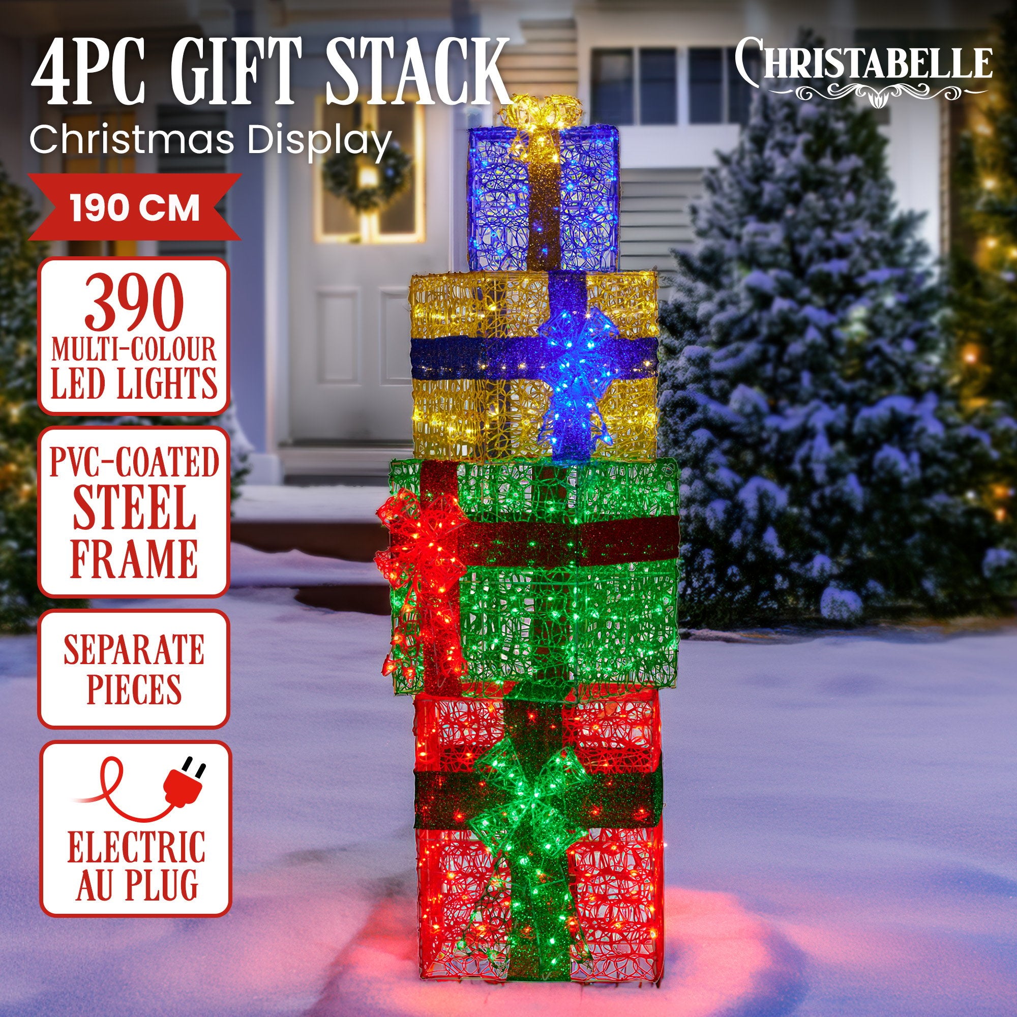 190CM 4 Piece LED Christmas Gift Box Stack with Multi-Colour Lights