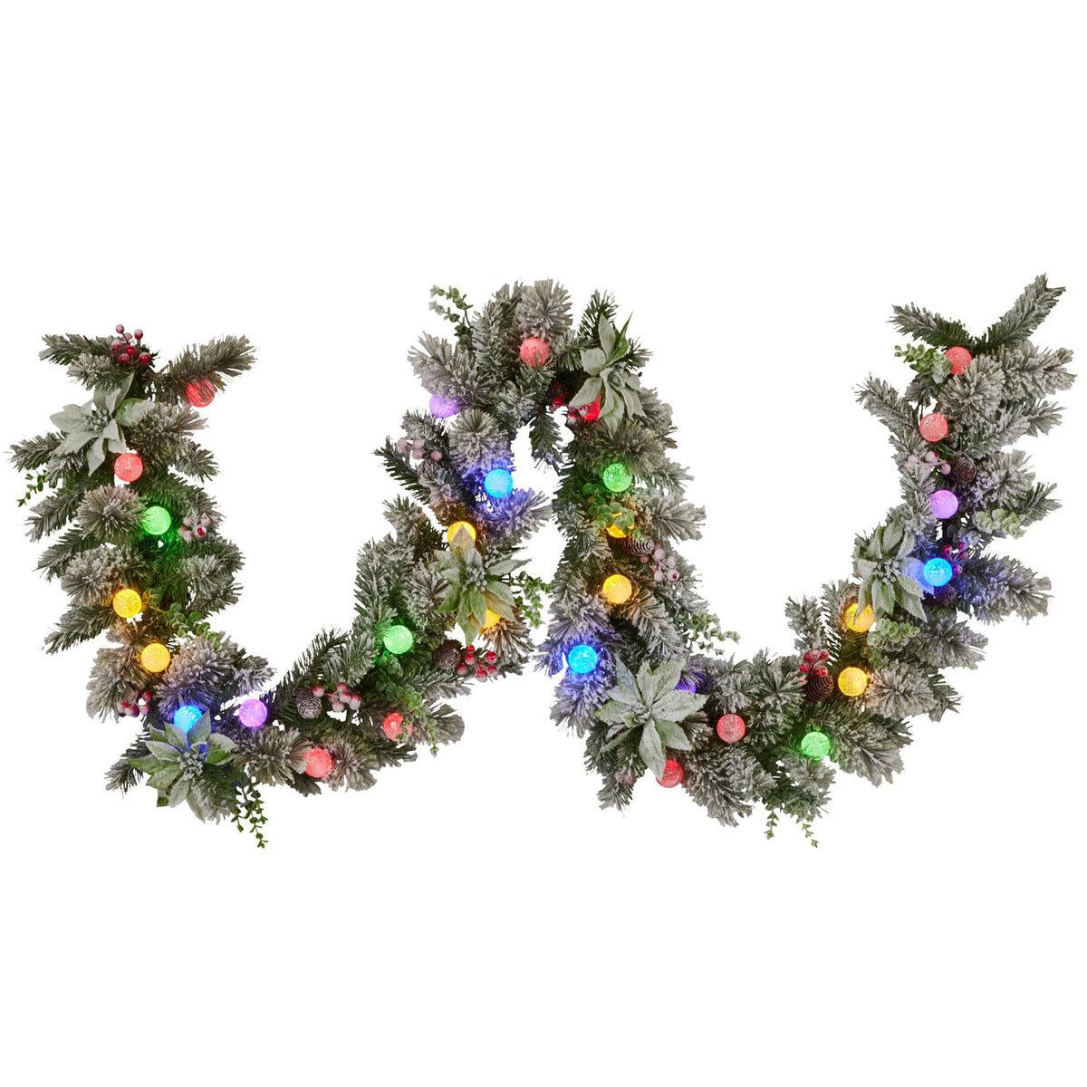 2.7M Pre-Lit Snow-Flocked Christmas Garland – Pinecones Berries Baubles 30 LED Lights
