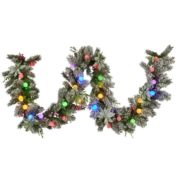 2.7M Pre-Lit Snow-Flocked Christmas Garland – Pinecones Berries Baubles 30 LED Lights