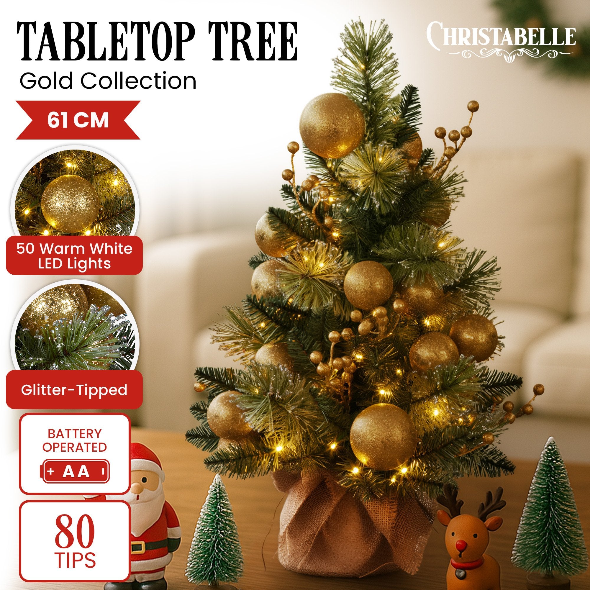 61CM Decorated Tabletop Christmas Tree – 80 Tips, 50 Warm White LED Lights