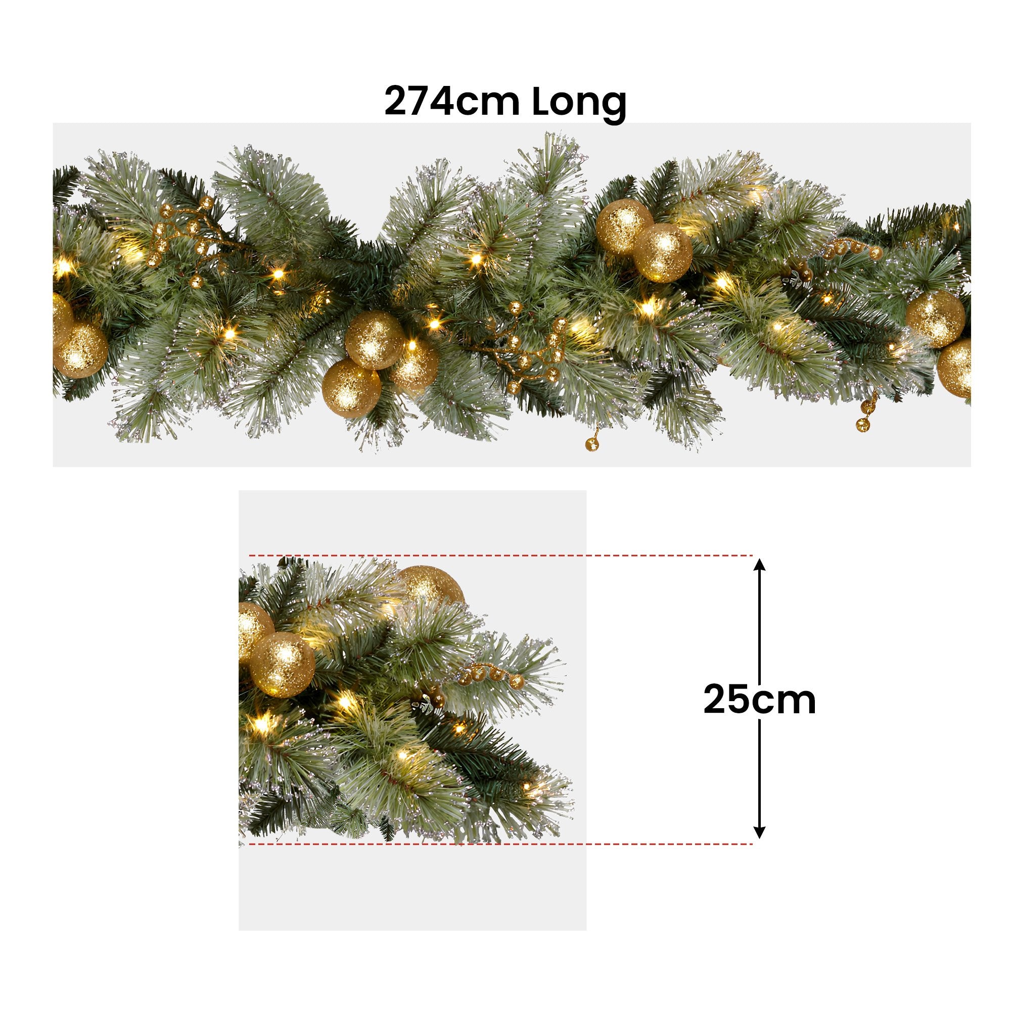 2.7M Pre-Lit Christmas Garland with Gold Baubles & Warm White LEDs