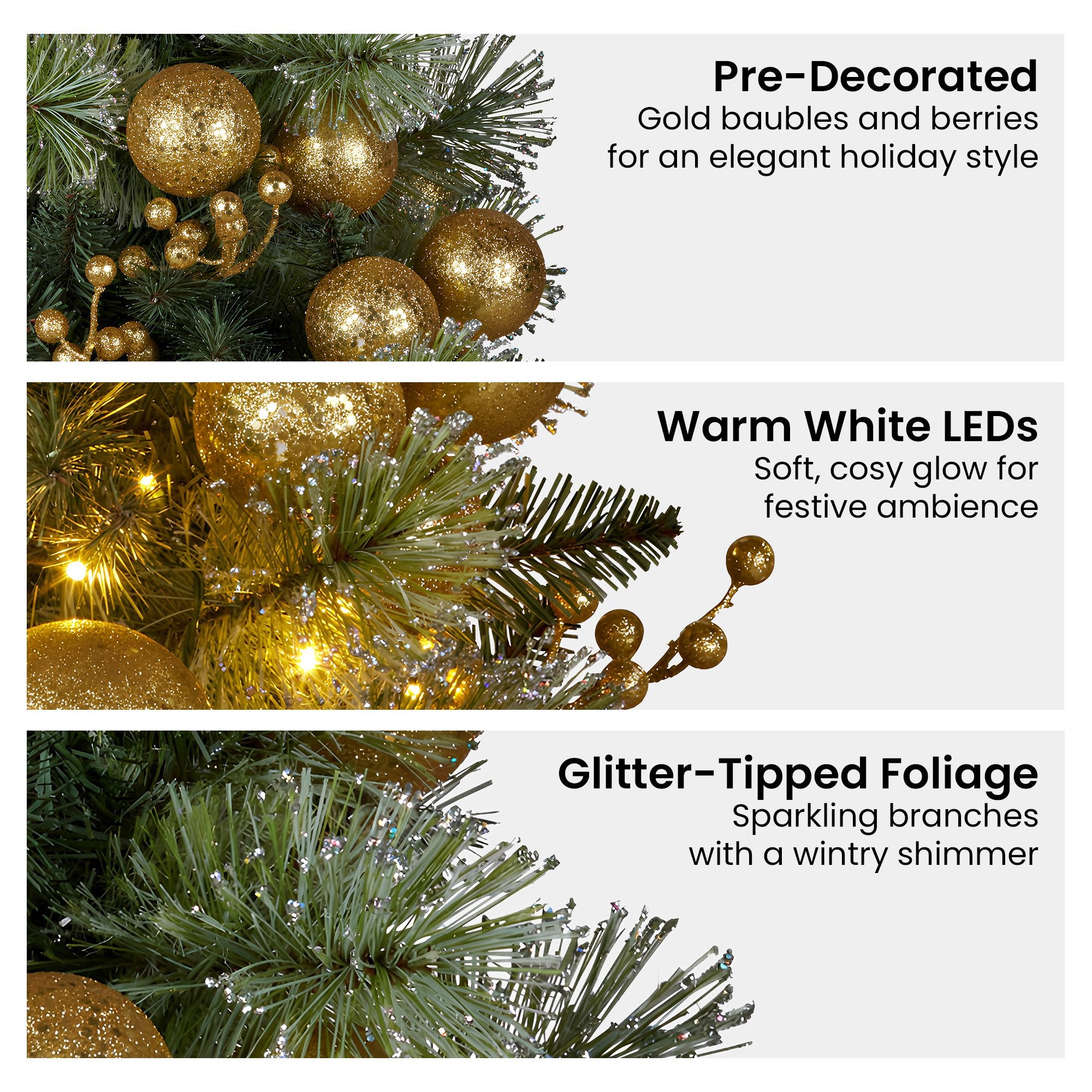 2.7M Pre-Lit Christmas Garland with Gold Baubles & Warm White LEDs