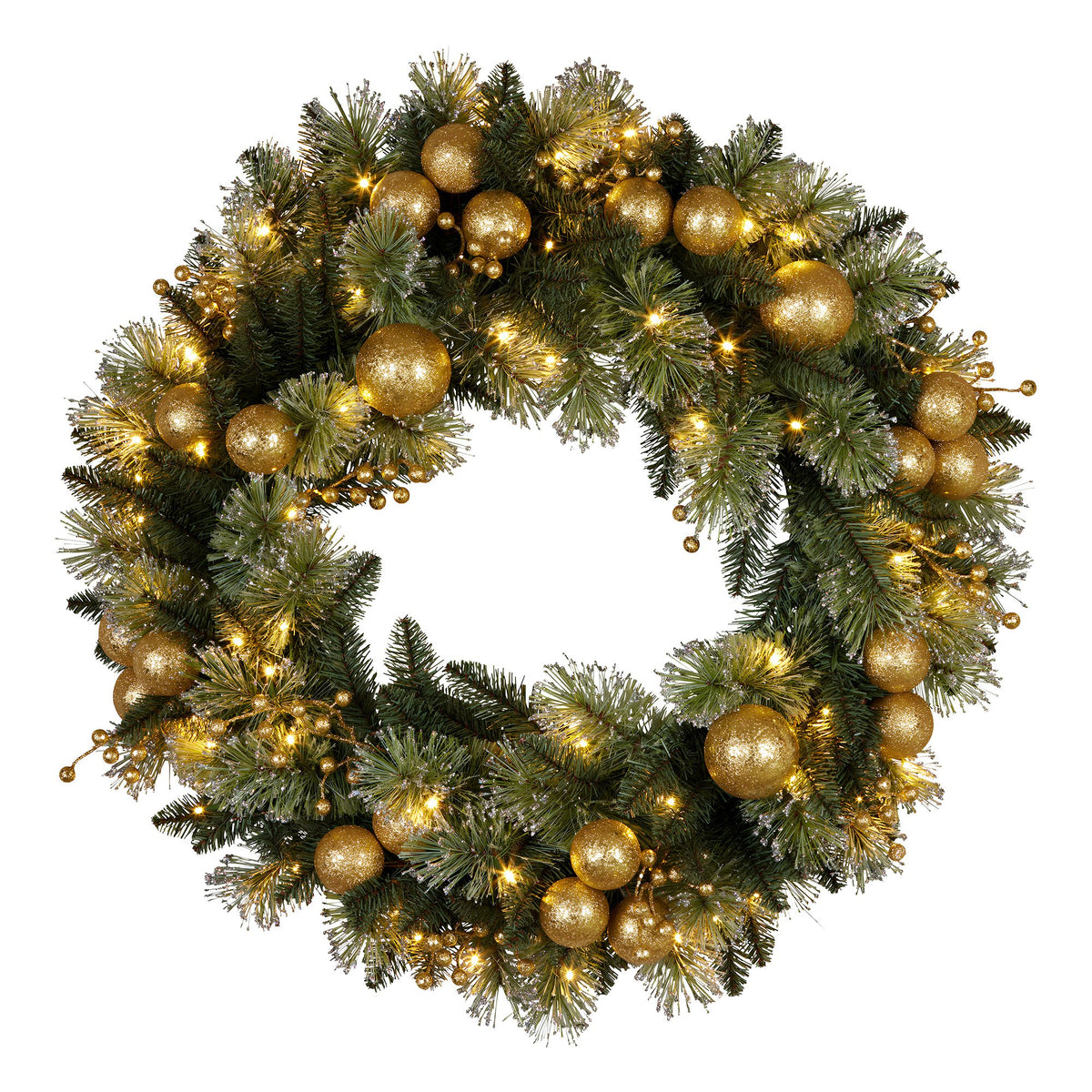61CM Pre-Lit Christmas Wreath – 50 Warm White LEDs, Gold Baubles & Berries