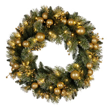 61CM Pre-Lit Christmas Wreath – 50 Warm White LEDs, Gold Baubles & Berries