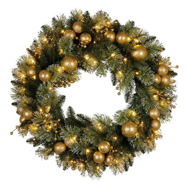 61CM Pre-Lit Christmas Wreath – 50 Warm White LEDs, Gold Baubles & Berries