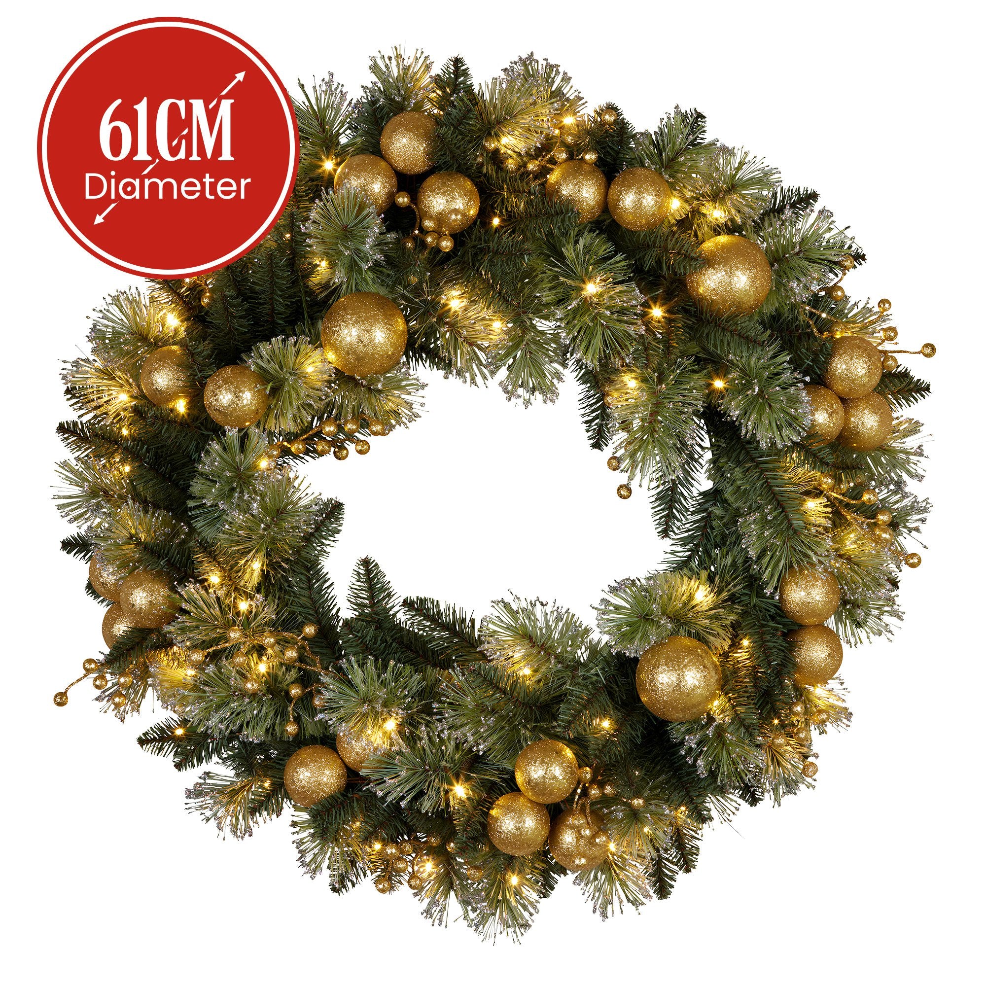 61CM Christmas Wreath with 50 LED Lights & Gold Baubles