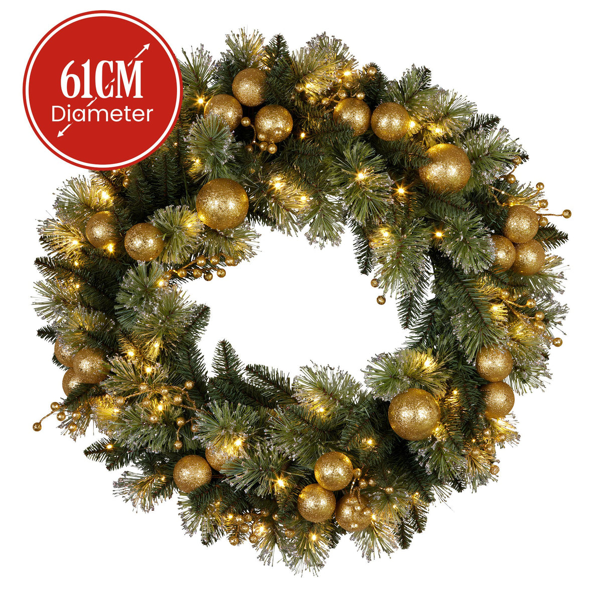 61CM Christmas Wreath with 50 LED Lights & Gold Baubles