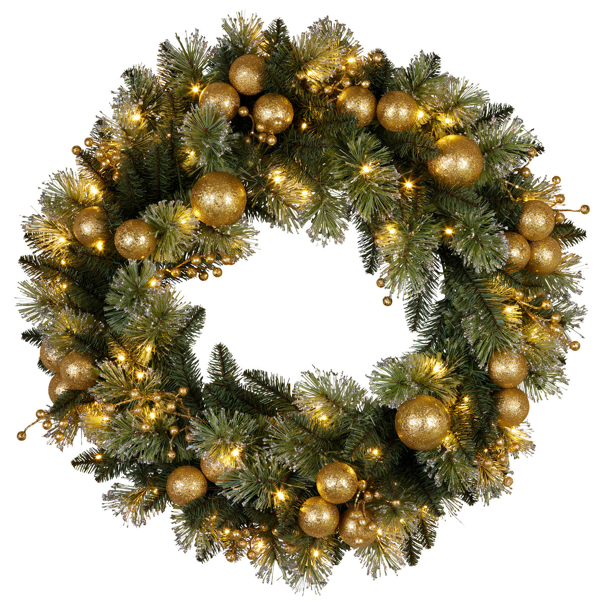 76cm Pre-Lit Christmas Wreath – Gold Baubles & Berries, 70 LED Warm White