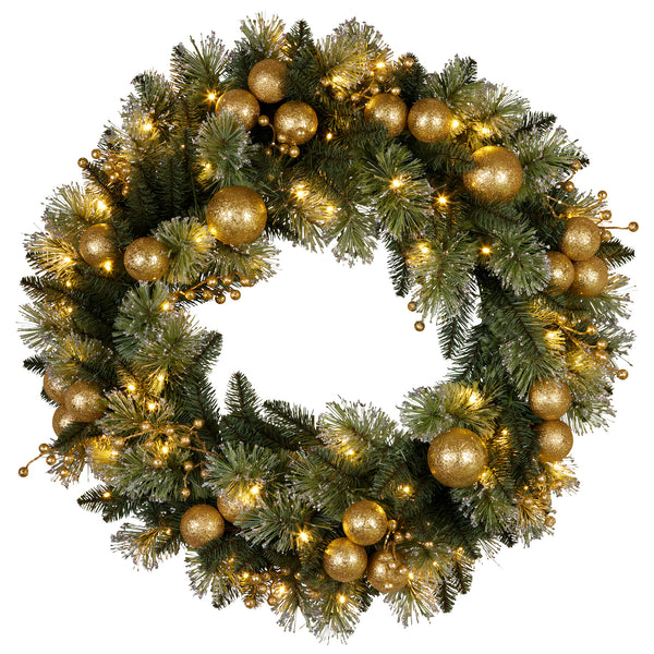 76cm Pre-Lit Christmas Wreath – Gold Baubles & Berries, 70 LED Warm White