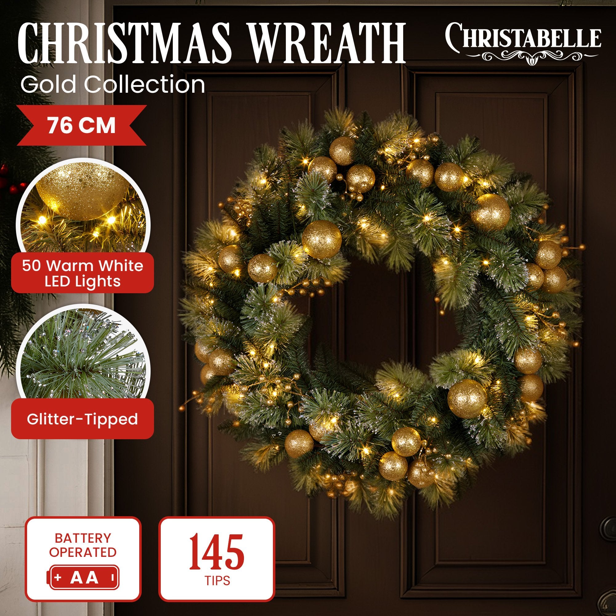 76CM Christmas Wreath with 70 LED Lights & Gold Baubles