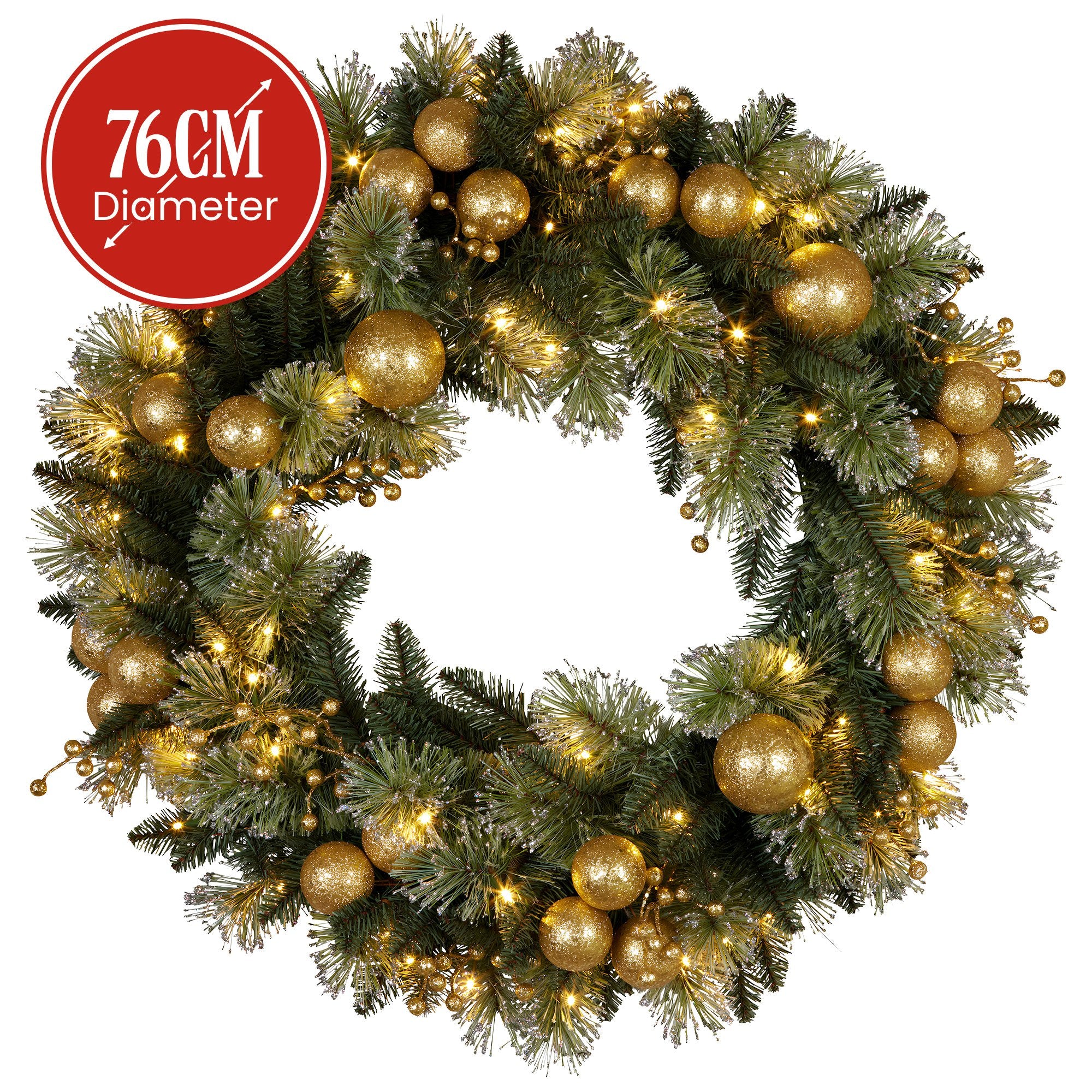 76cm Pre-Lit Christmas Wreath – Gold Baubles & Berries, 70 LED Warm White