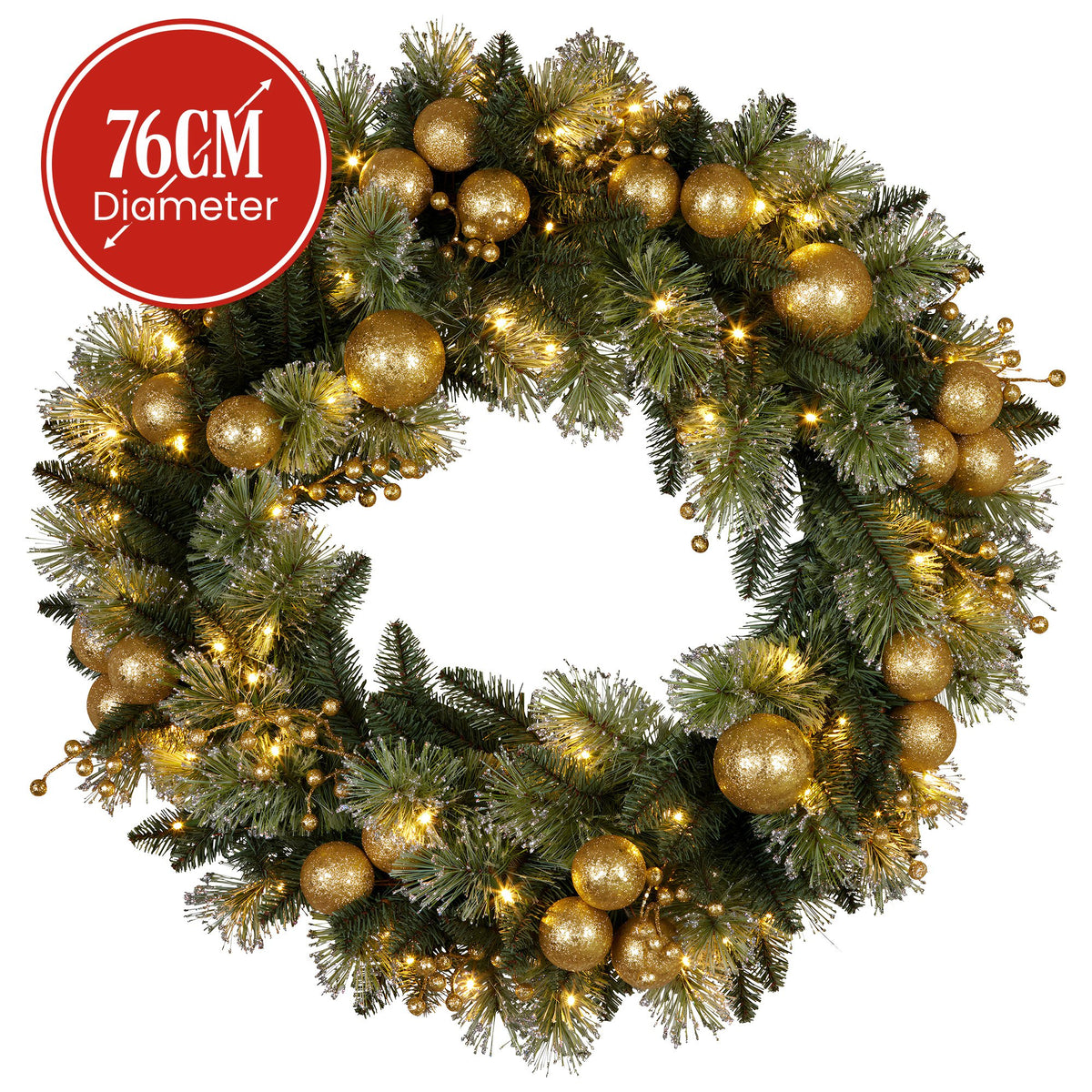 76CM Christmas Wreath with 70 LED Lights & Gold Baubles