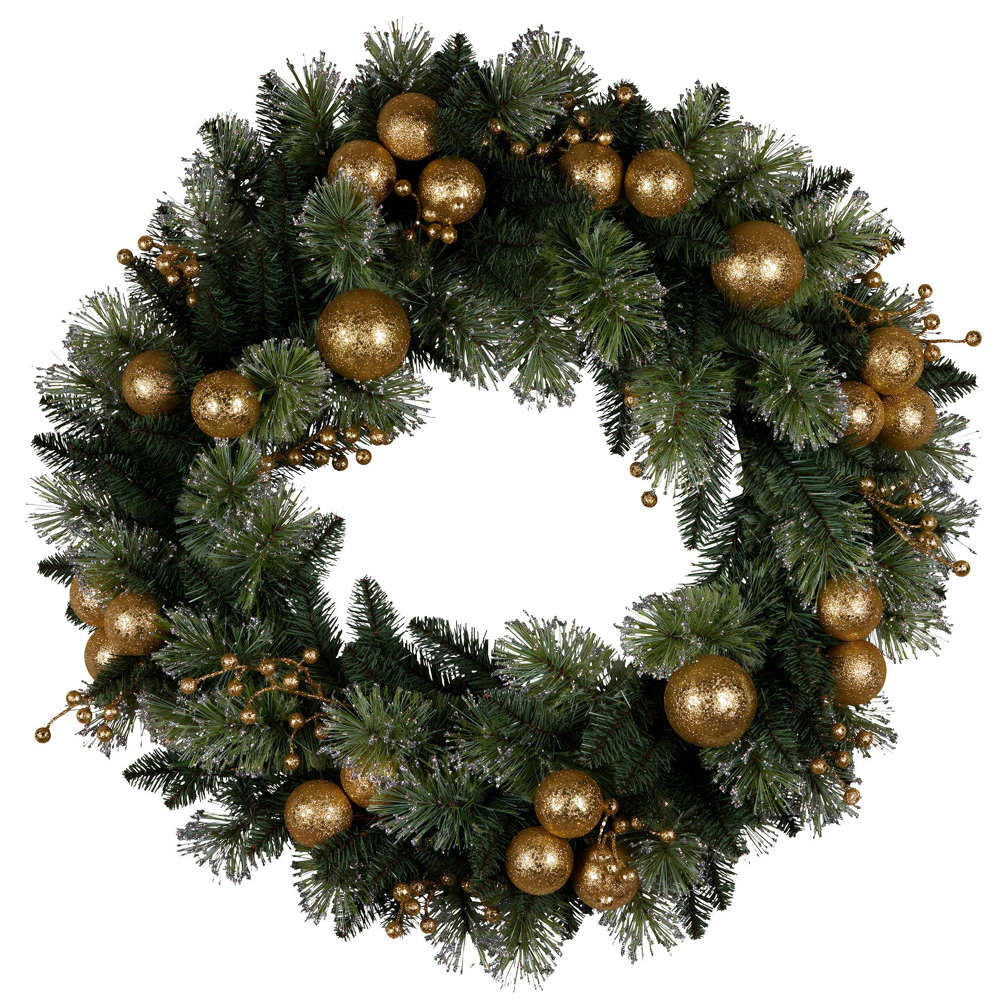 76cm Pre-Lit Christmas Wreath – Gold Baubles & Berries, 70 LED Warm White