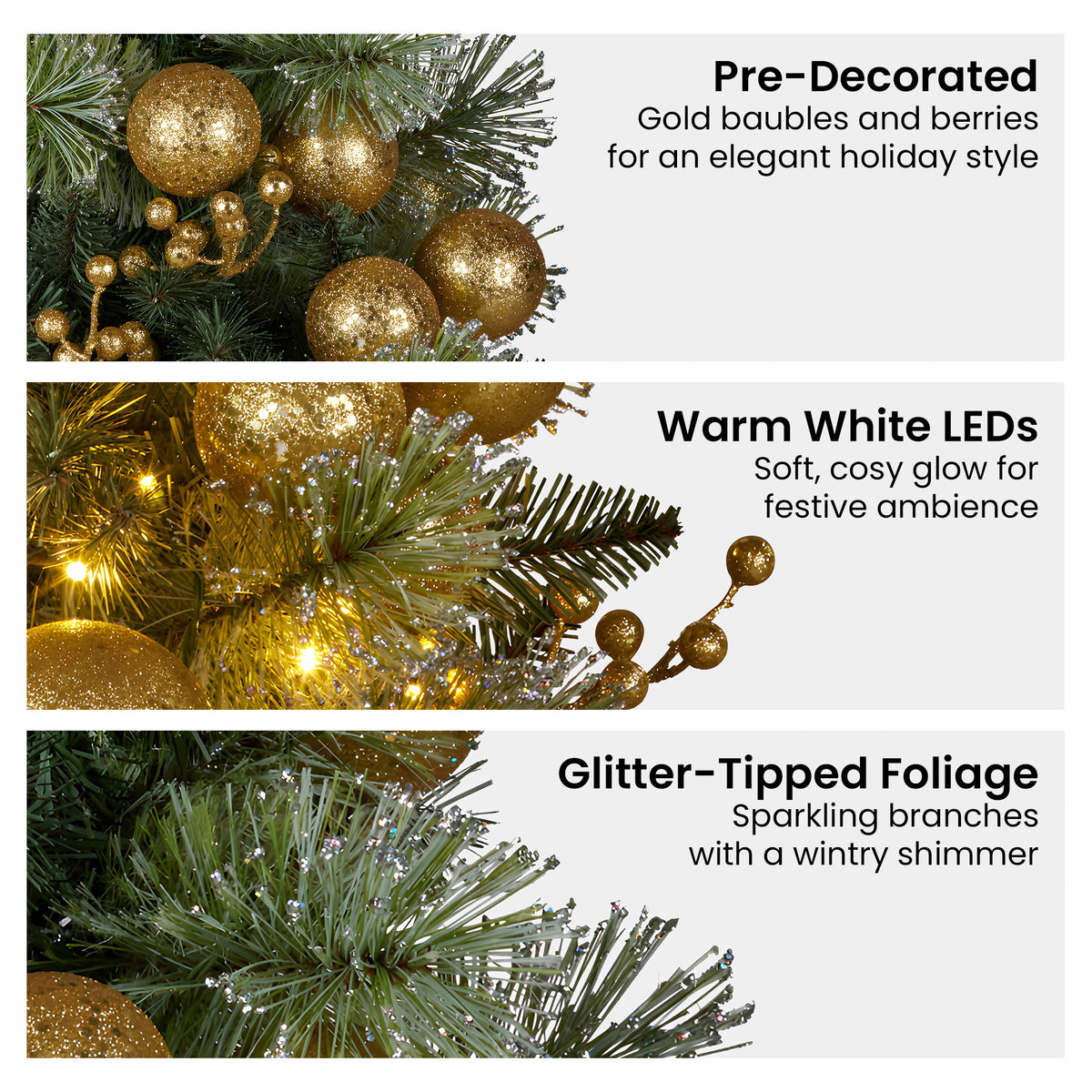 76CM Christmas Wreath with 70 LED Lights & Gold Baubles