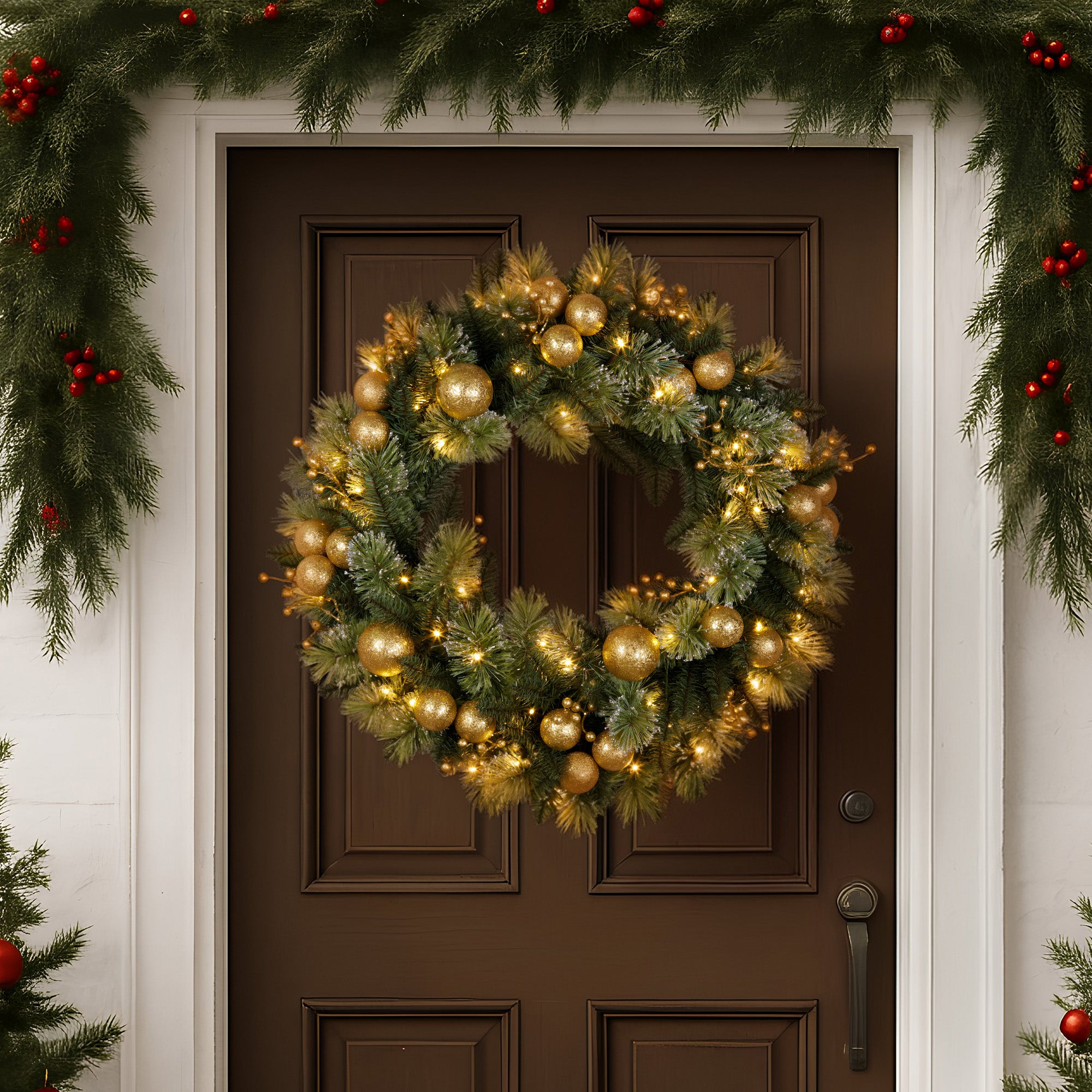 76cm Pre-Lit Christmas Wreath – Gold Baubles & Berries, 70 LED Warm White