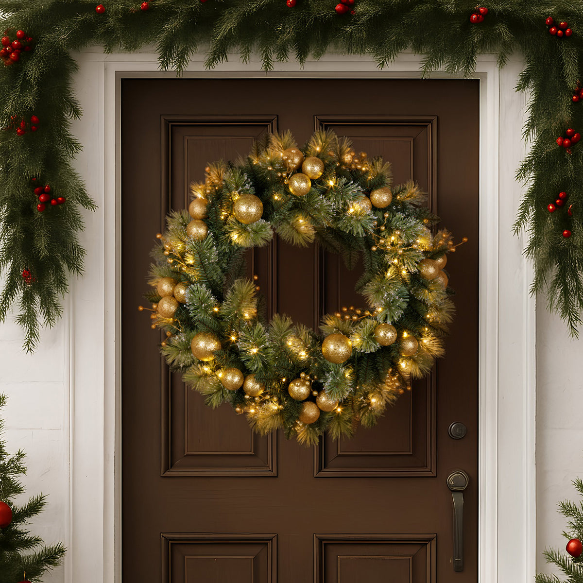 76CM Christmas Wreath with 70 LED Lights & Gold Baubles