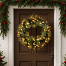 76cm Pre-Lit Christmas Wreath – Gold Baubles & Berries, 70 LED Warm White