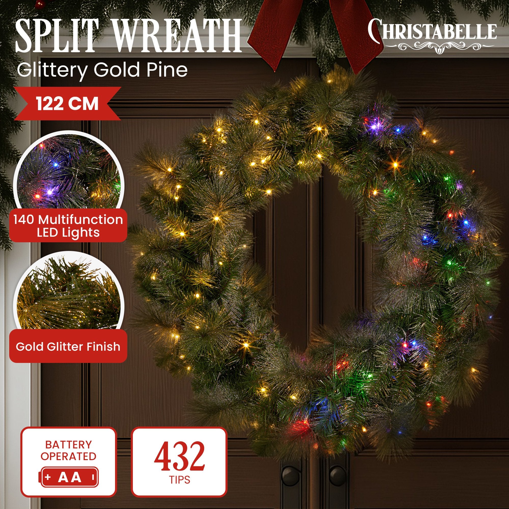 122CM Split Pre-Lit Christmas Wreath Set for Double Doors with LEDs