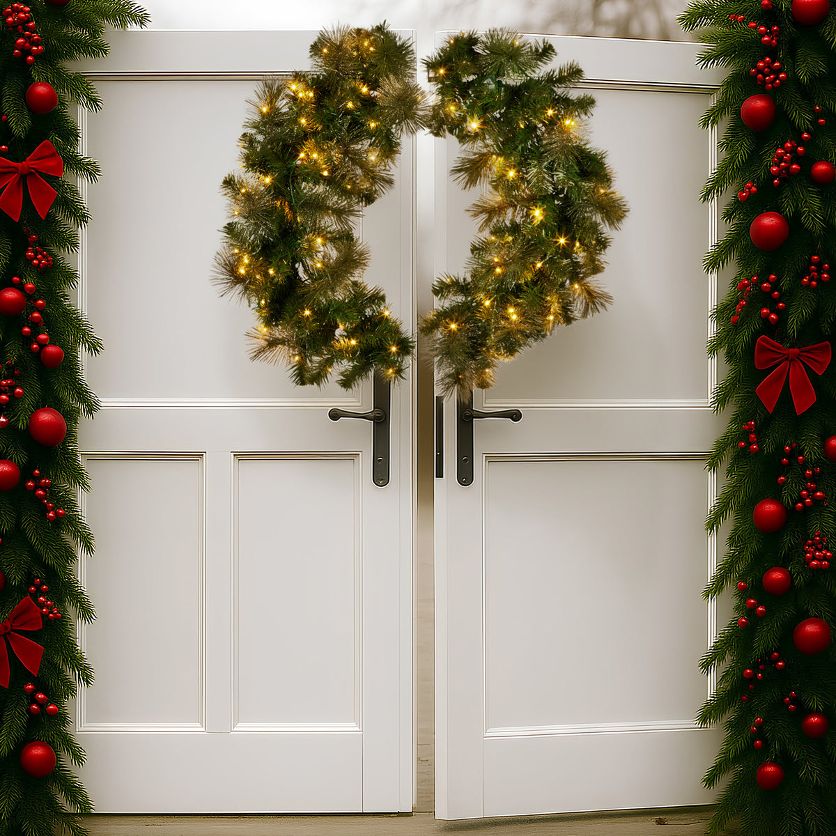 122CM Split Pre-Lit Christmas Wreath Set for Double Doors with LEDs