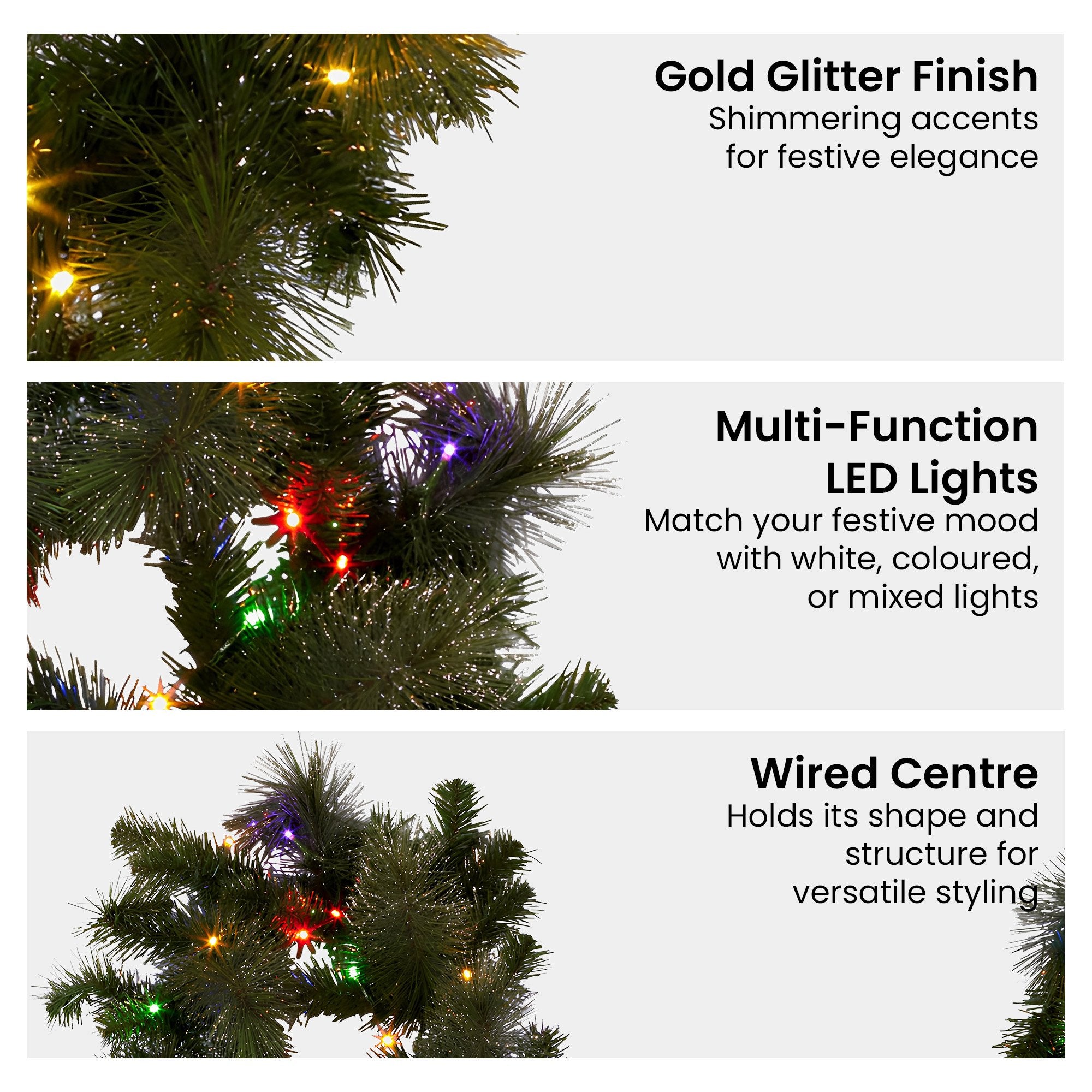 2.7M Pre-Lit Christmas Garland – 150 Tips, 70 LED Gold Glitter
